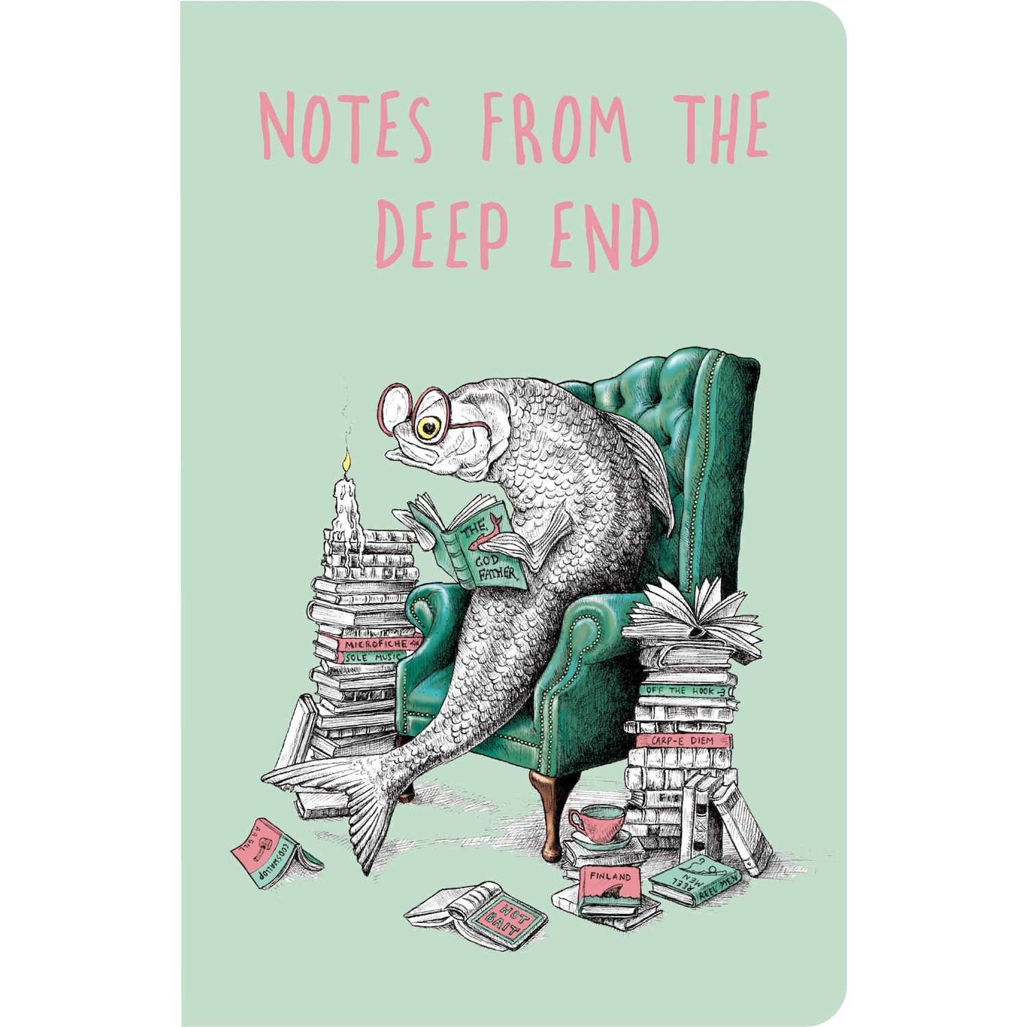The front cover of the Deep End Notebook features a whimsical illustration of a bespectacled fish resting in an upholstered green chair reading a book, surrounded by stacks of more books. The image is captioned "NOTES FROM THE DEEP END" in pink over the mint green background.