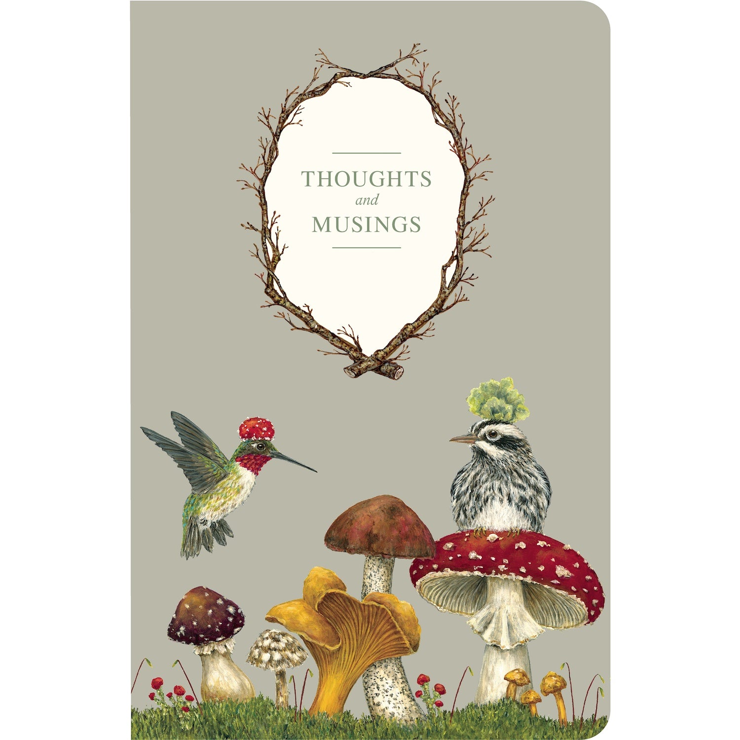 Softcover notebook with full-color artwork featuring a hummingbird, woodpecker, and mushrooms on the cover, with the title &
