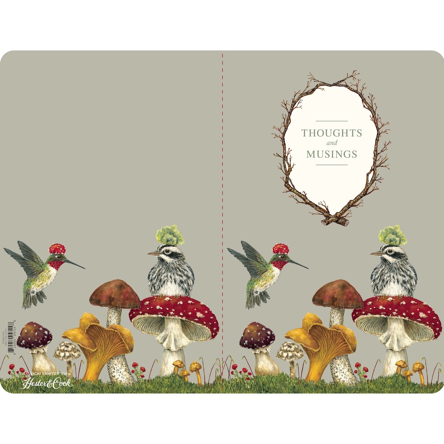 Softcover notebook with full-color artwork featuring a hummingbird, woodpecker, and mushrooms on the cover, with the title &
