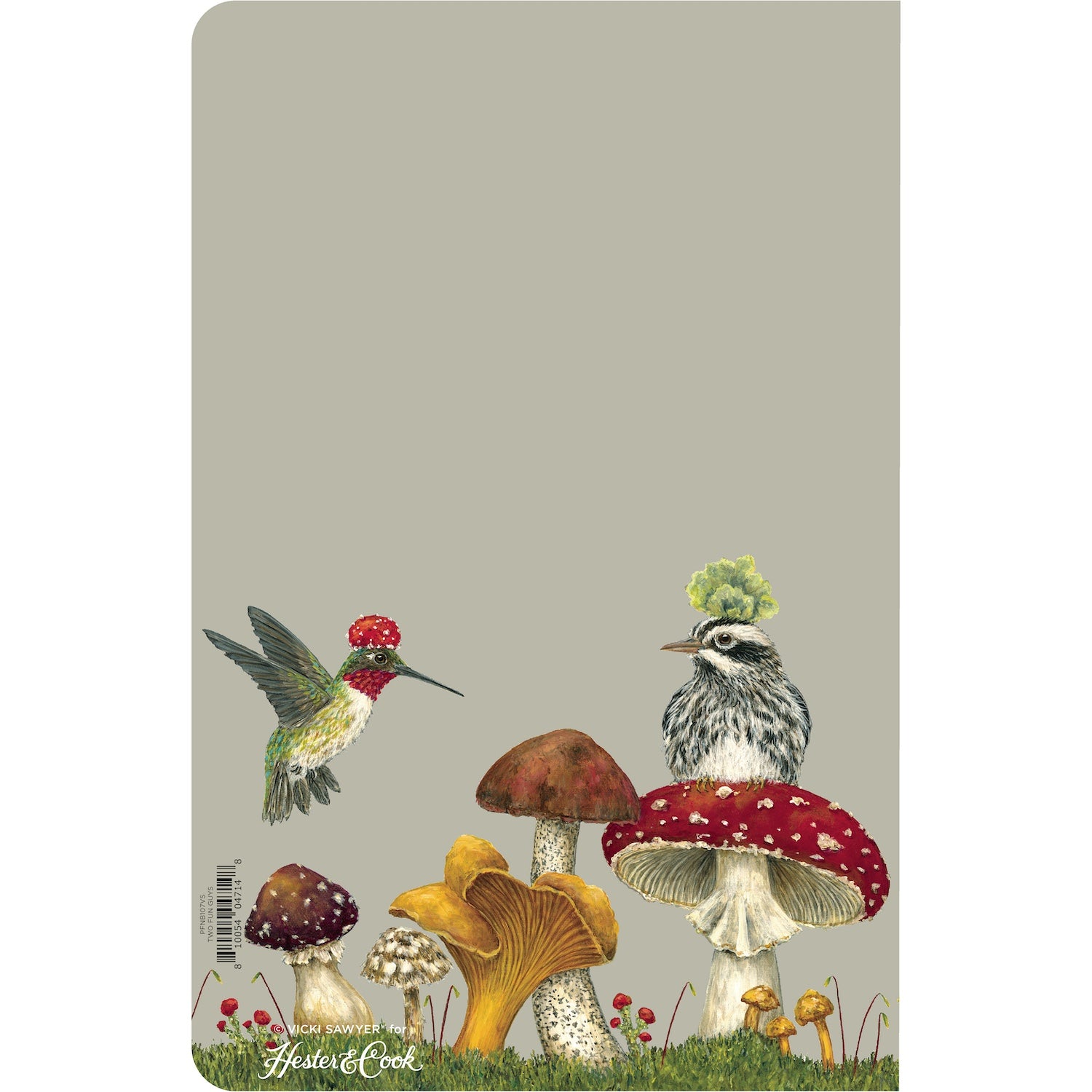 Softcover notebook with full-color artwork featuring a hummingbird, woodpecker, and mushrooms on the cover, with the title &