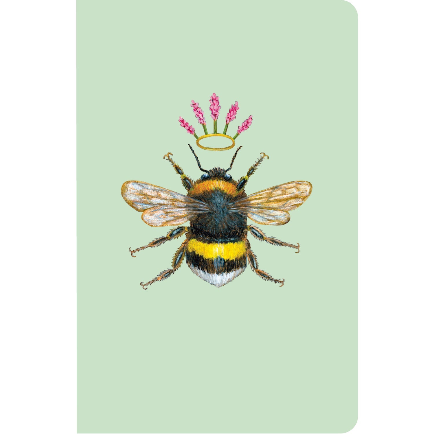 A softcover notebook with a whimsical bee illustration and floral crown on the cover, in green color.