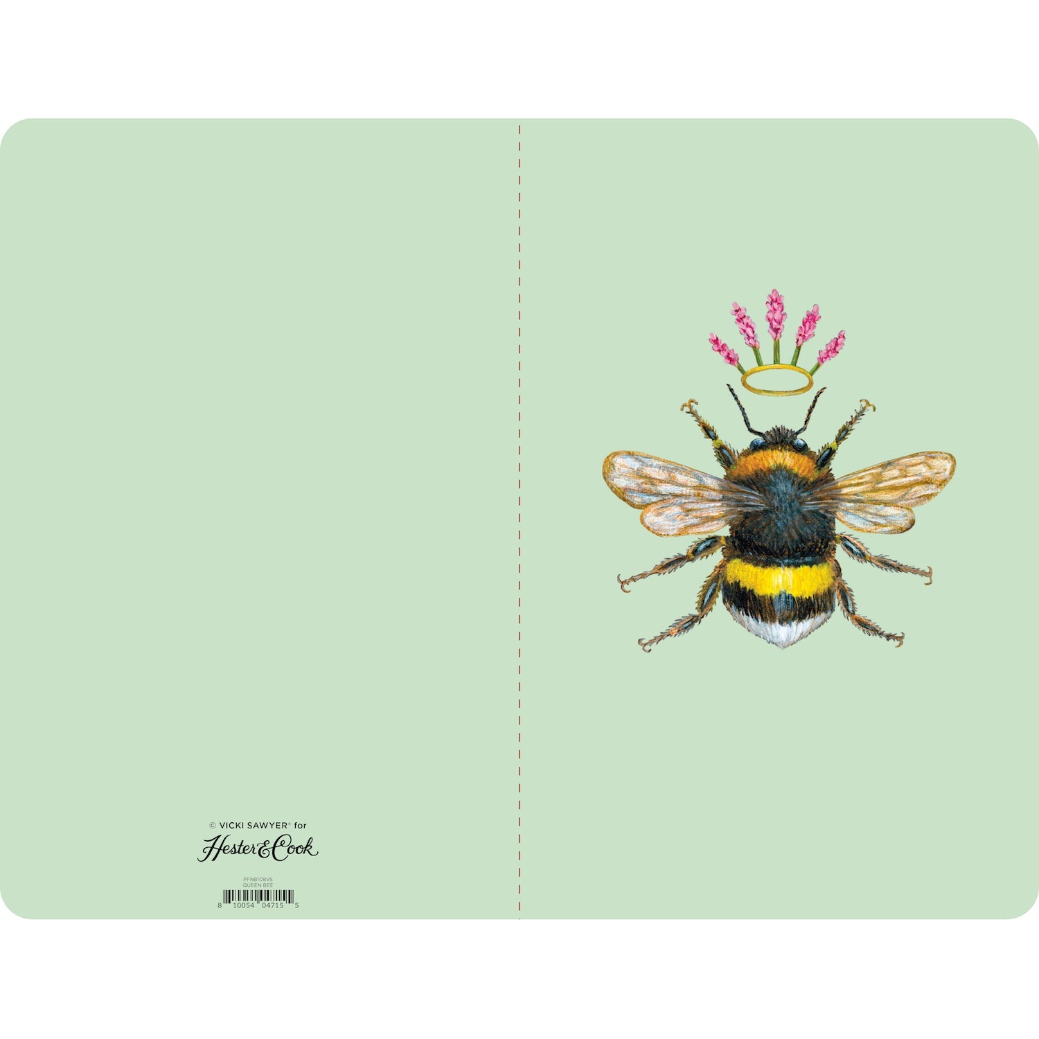 A softcover notebook with a whimsical bee illustration and floral crown on the cover, in green color.