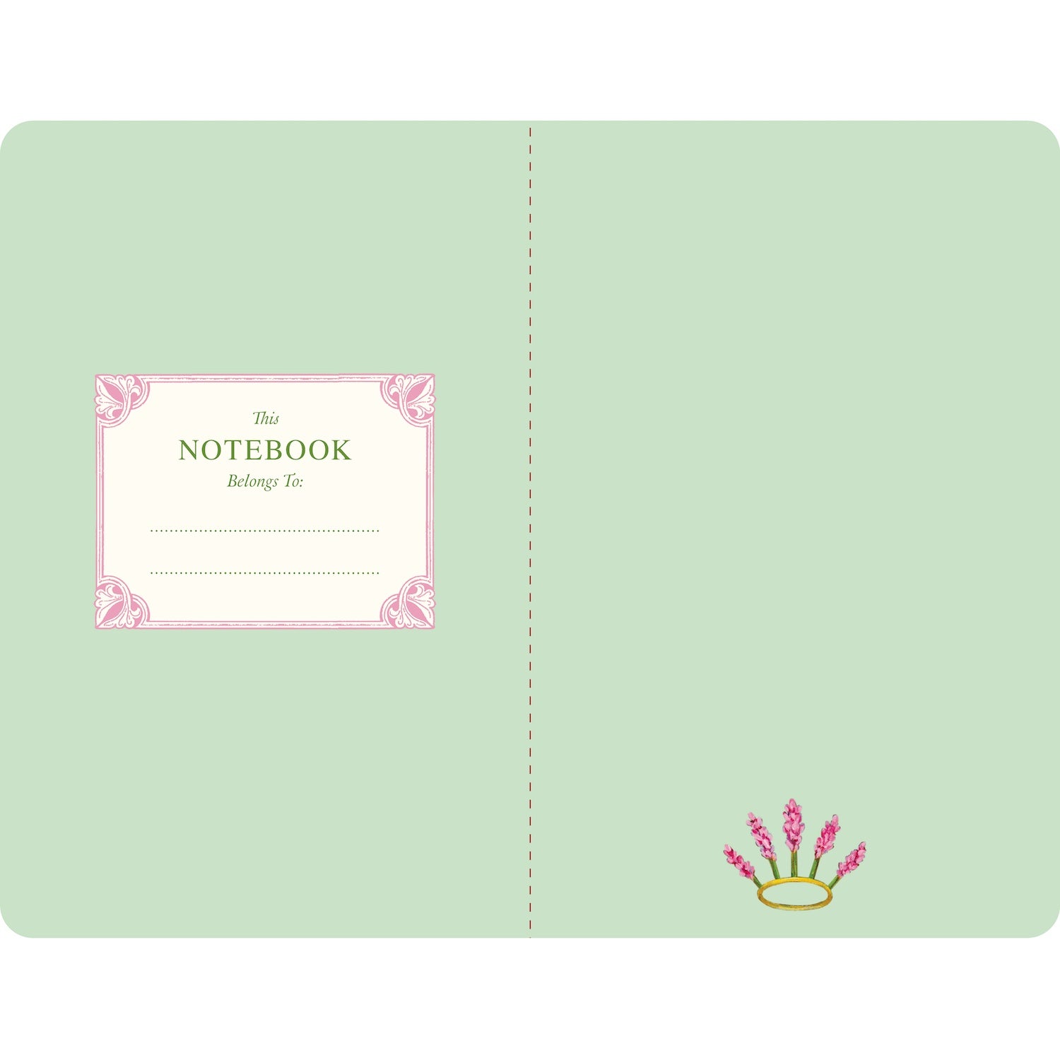 The mint green inner cover of the notebook, with a place for the owner&