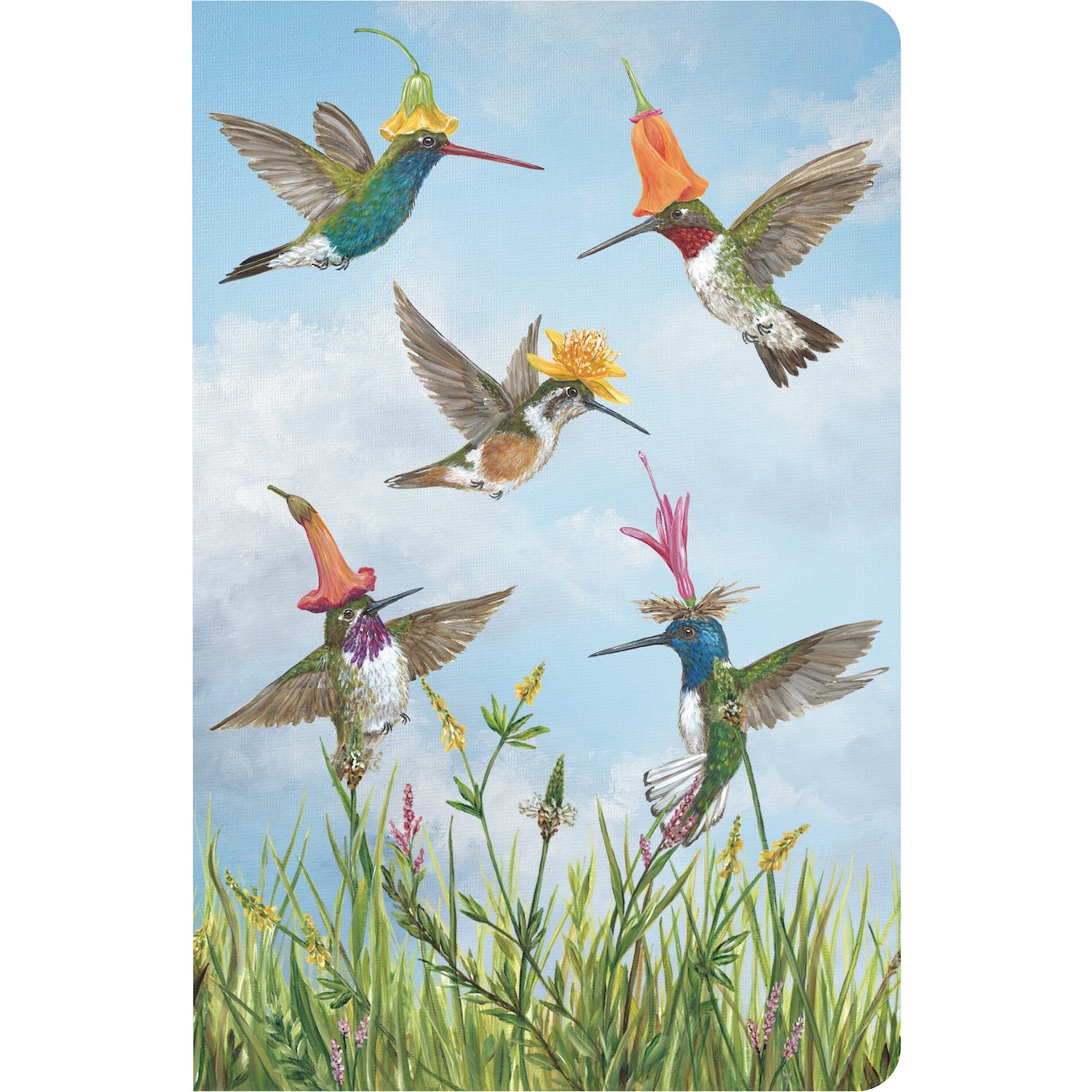 A notebook with a colorful cover featuring illustrations of hummingbirds in flight among flowers.