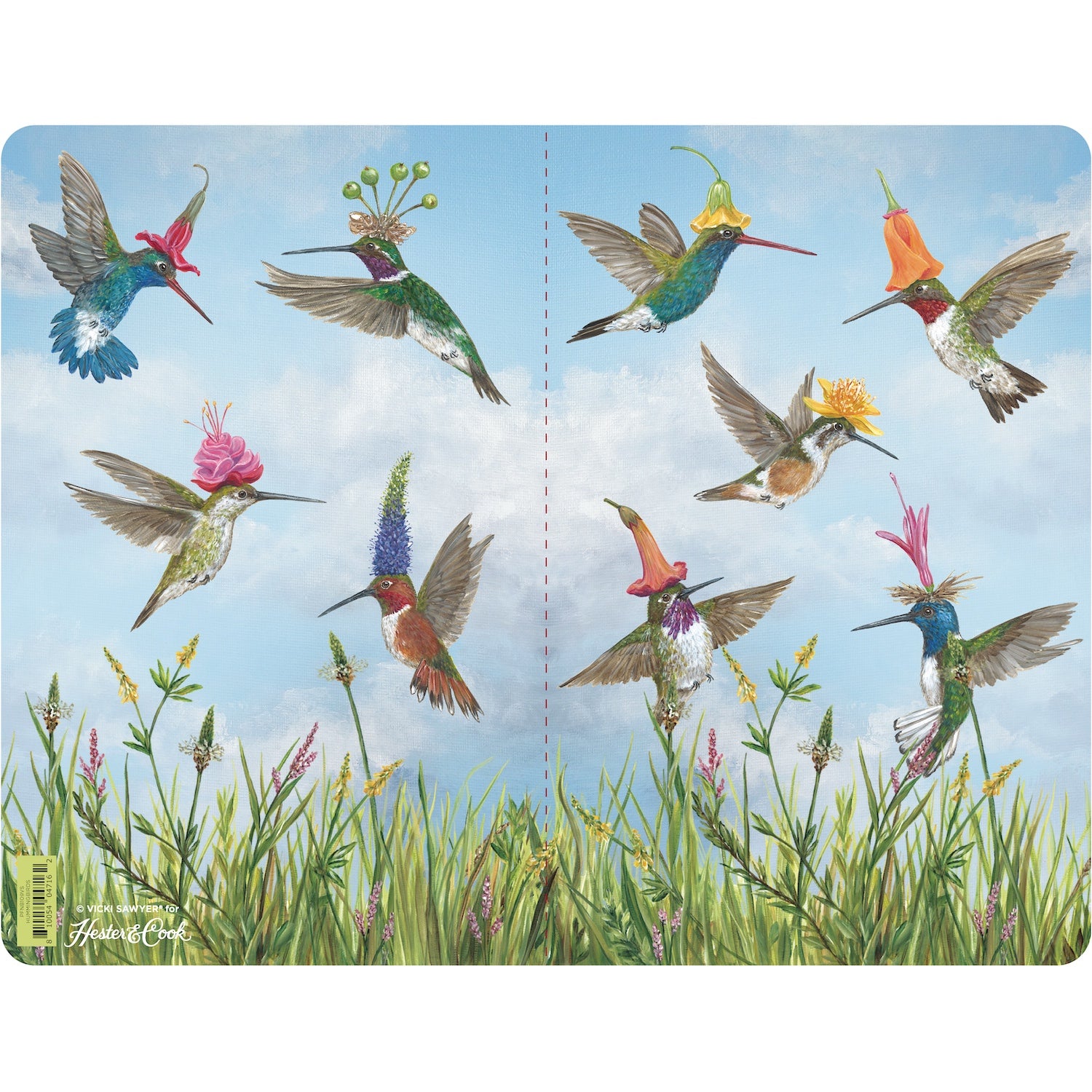 A notebook with a colorful cover featuring illustrations of hummingbirds in flight among flowers.