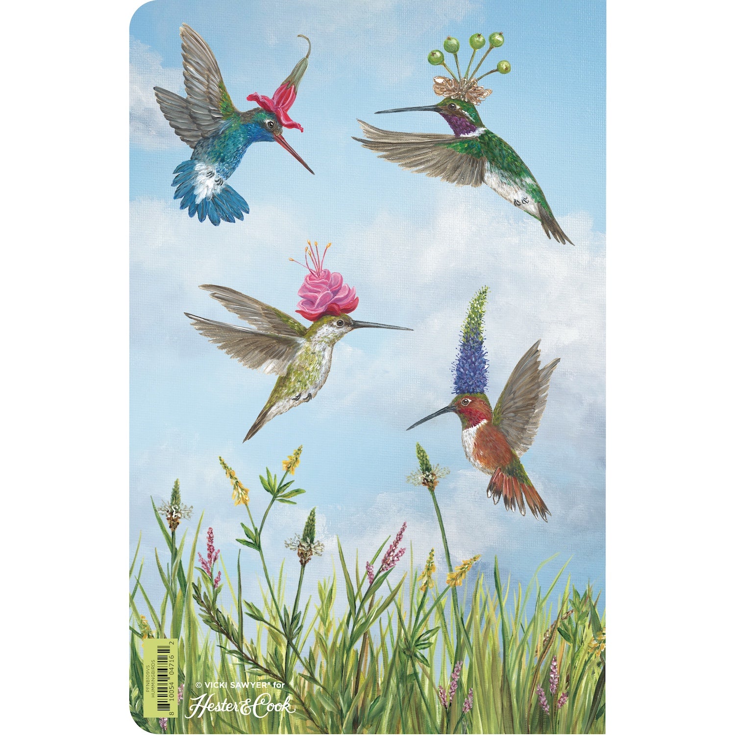 A notebook with a colorful cover featuring illustrations of hummingbirds in flight among flowers.