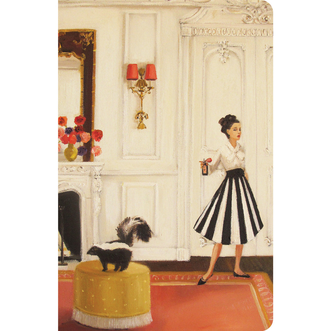 A painterly illustration of a luxurious interior space where a woman in a white blouse and black and white striped skirt is holding a bottle of perfume toward a skunk standing on a yellow ottoman with its tail raised.  