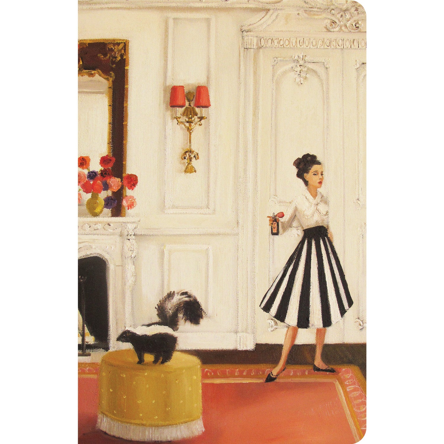 A painterly illustration of a luxurious interior space where a woman in a white blouse and black and white striped skirt is holding a bottle of perfume toward a skunk standing on a yellow ottoman with its tail raised.