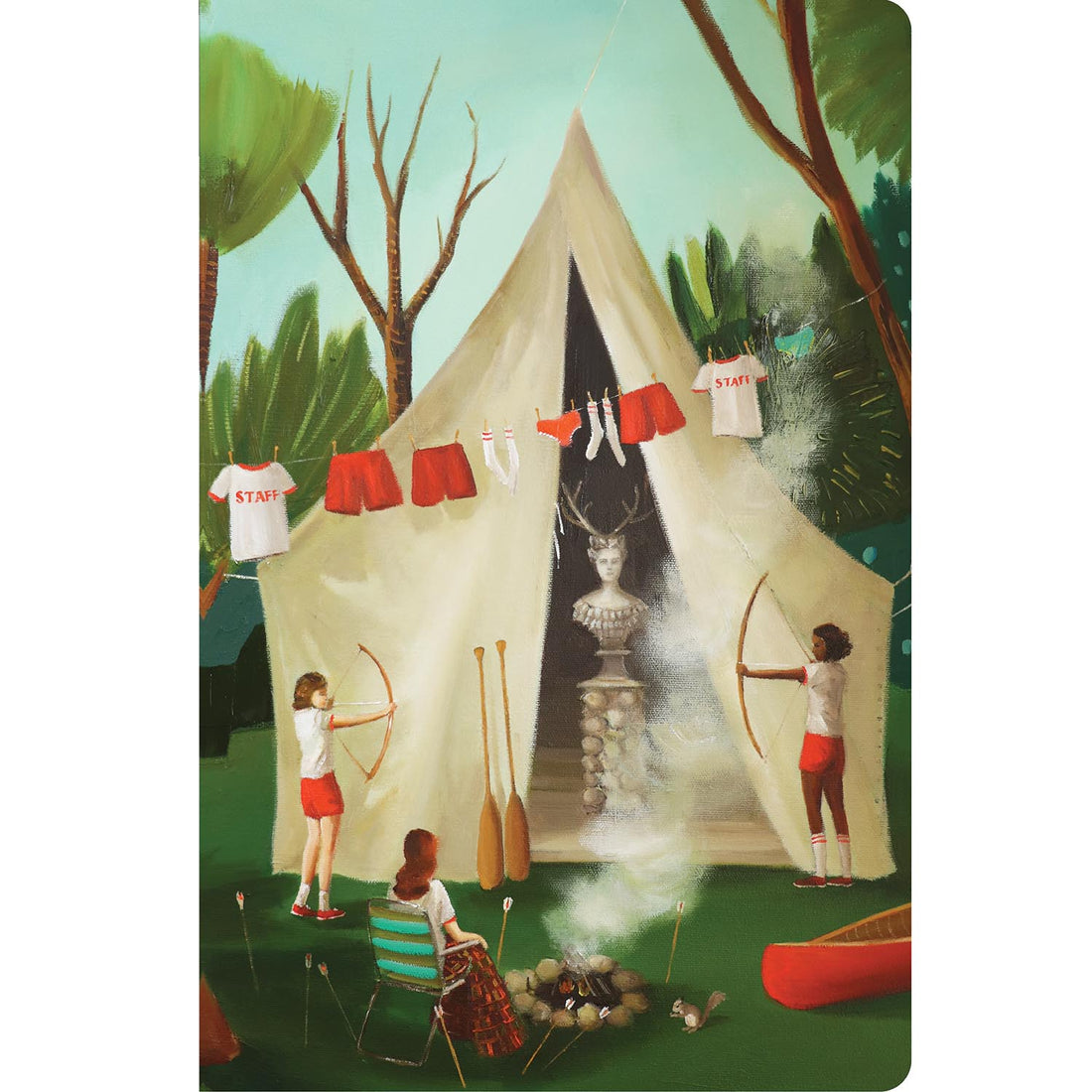 The front cover of the Summer Camp Notebook features a painterly illustration of a camping scene, featuring a canvas tent with a vintage sculpture inside, clothes hanging on a clothesline, a campfire, a canoe and paddles, and two children playing with archery equipment in a lush forest. 