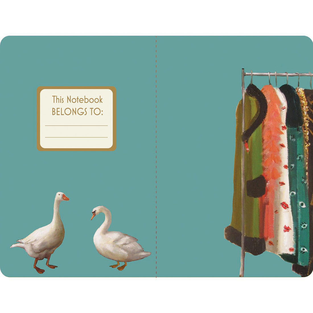 The inside front and back covers of the Swan and Duck Notebook, featuring a gold-framed section labeled &quot;This Notebook Belongs To:&quot; with blank lines and the swan and duck from the cover in the front, and the coat rack artwork in the back, all over a teal background.