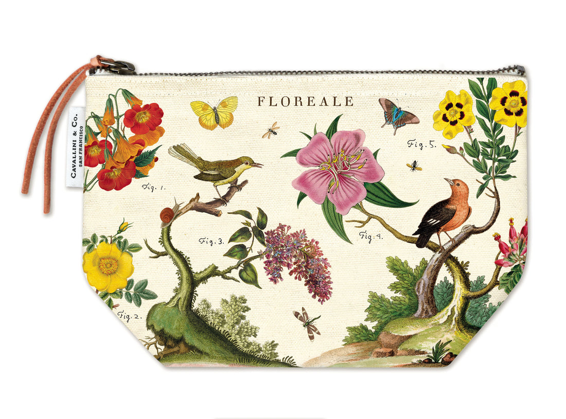 A zippered Vintage Pouch with flowers and birds on it, inspired by Cavallini Art Archives from Cavallini Papers &amp; Co.