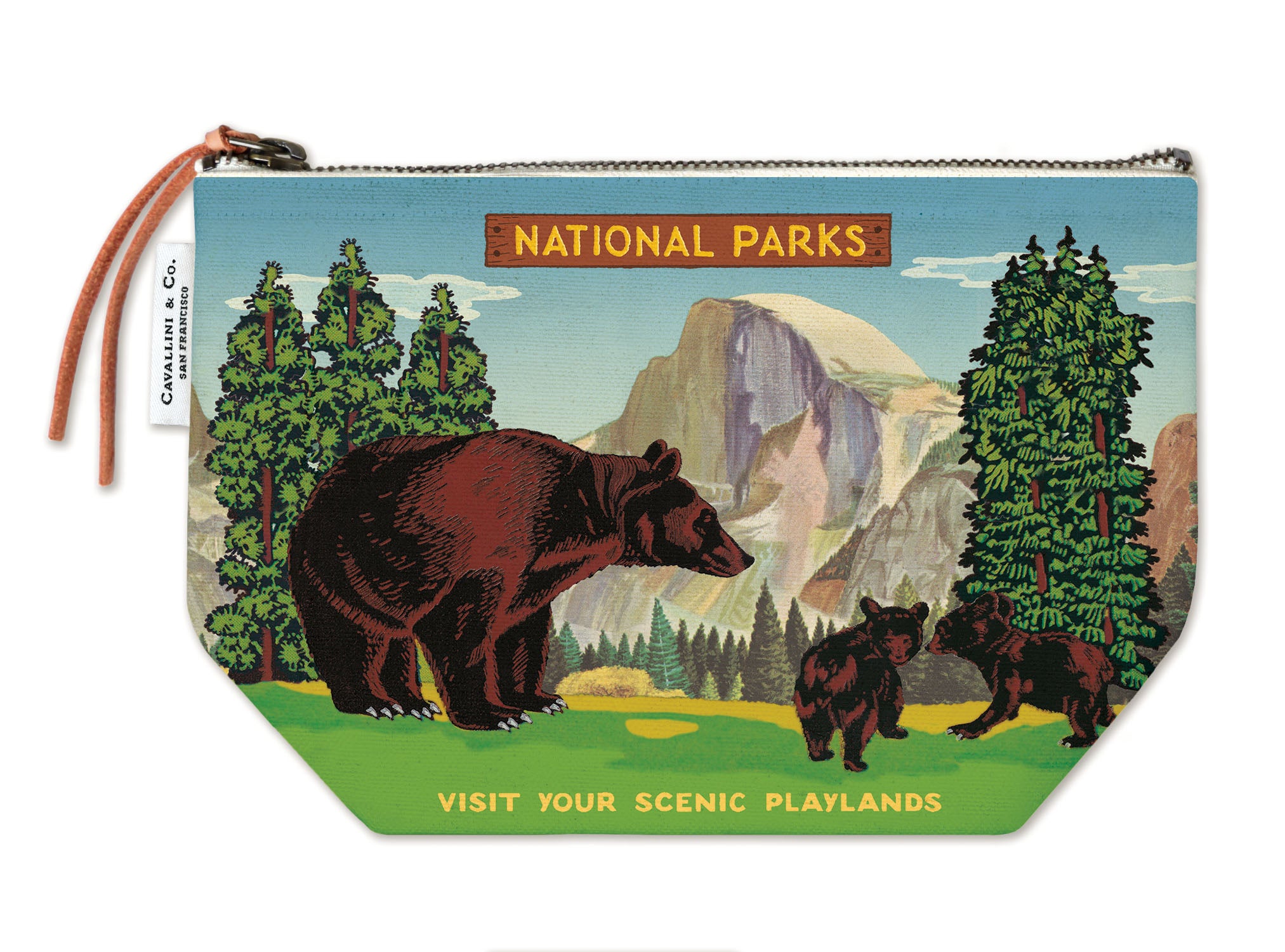 Pouch with bear and cubs design featuring national parks text.