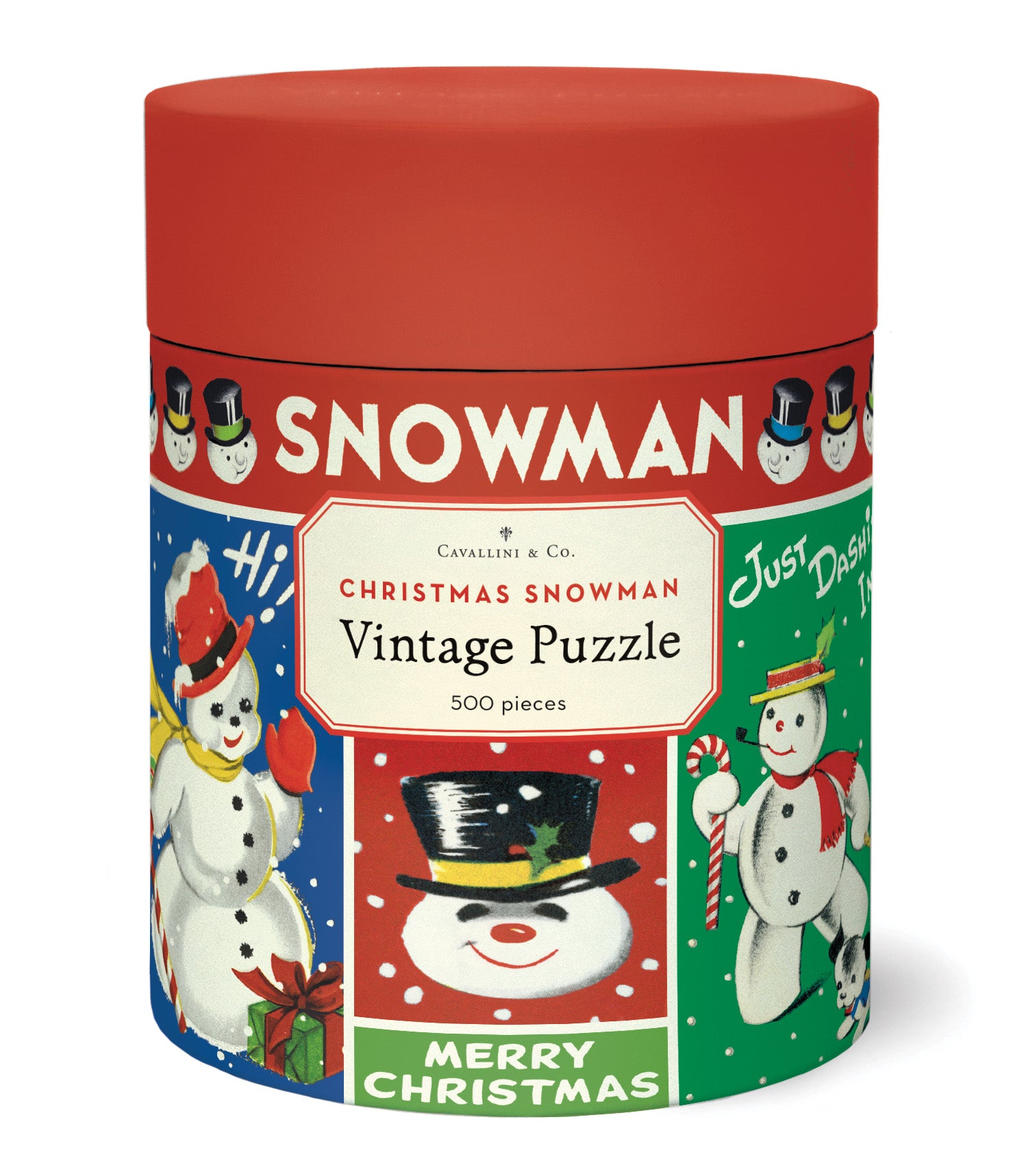 Christmas-themed puzzle canister with vintage snowman design on a white background.