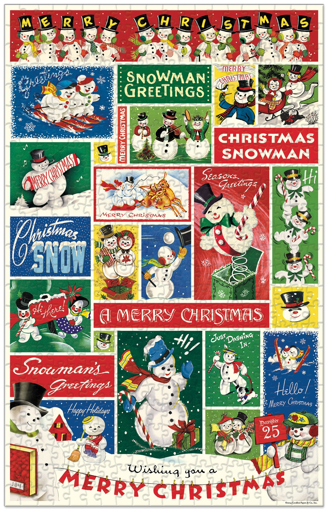 Collage of vintage-style Christmas cards with snowmen and festive text.