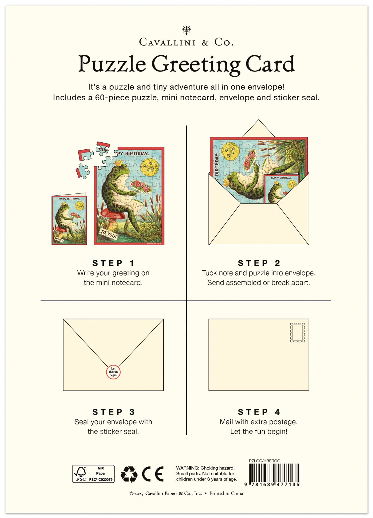 Instructions for using a Cavallini & Co. puzzle greeting card with illustrations of a frog and turtle.
