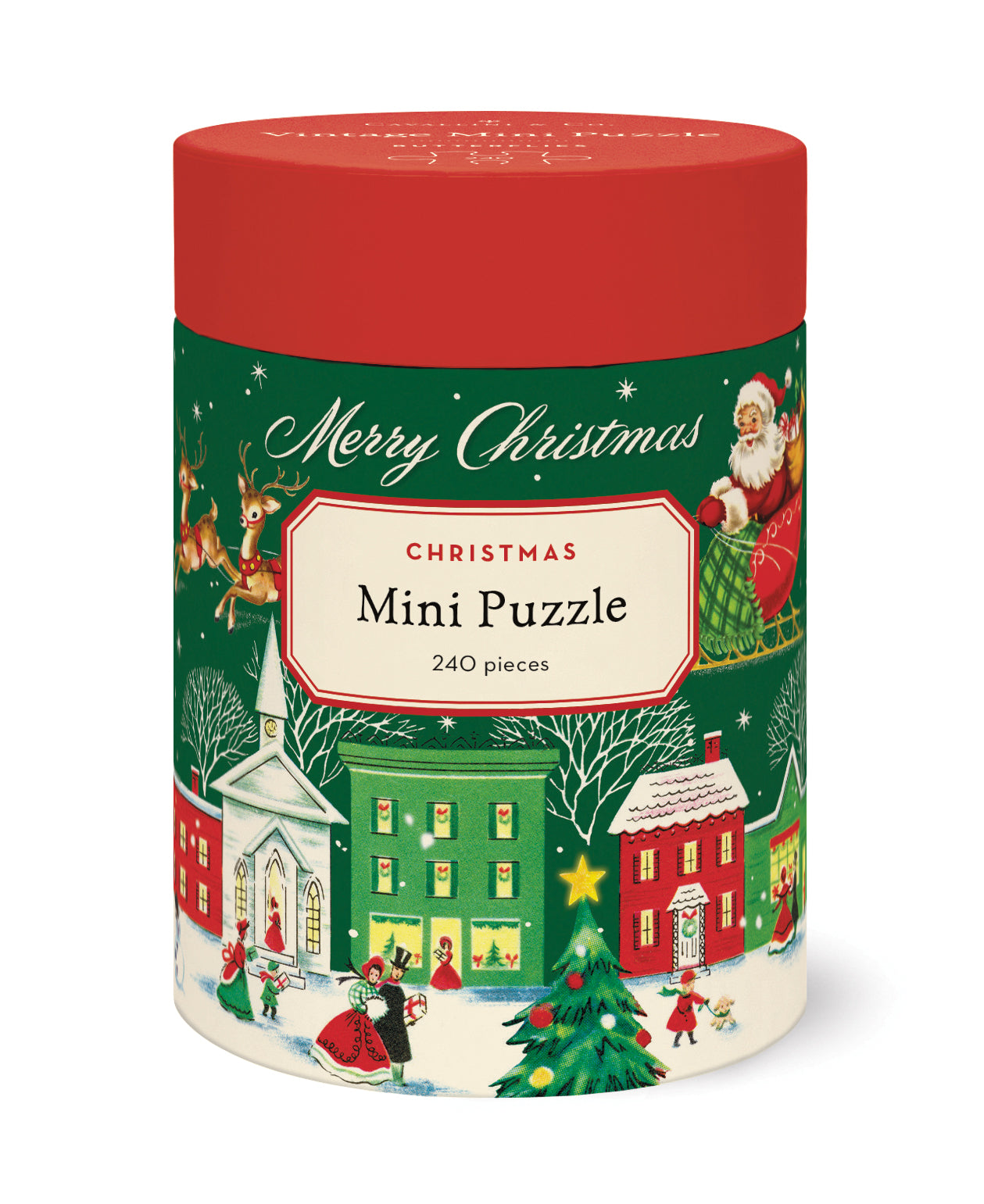 Christmas-themed mini puzzle packaging with festive illustrations on a white background.
