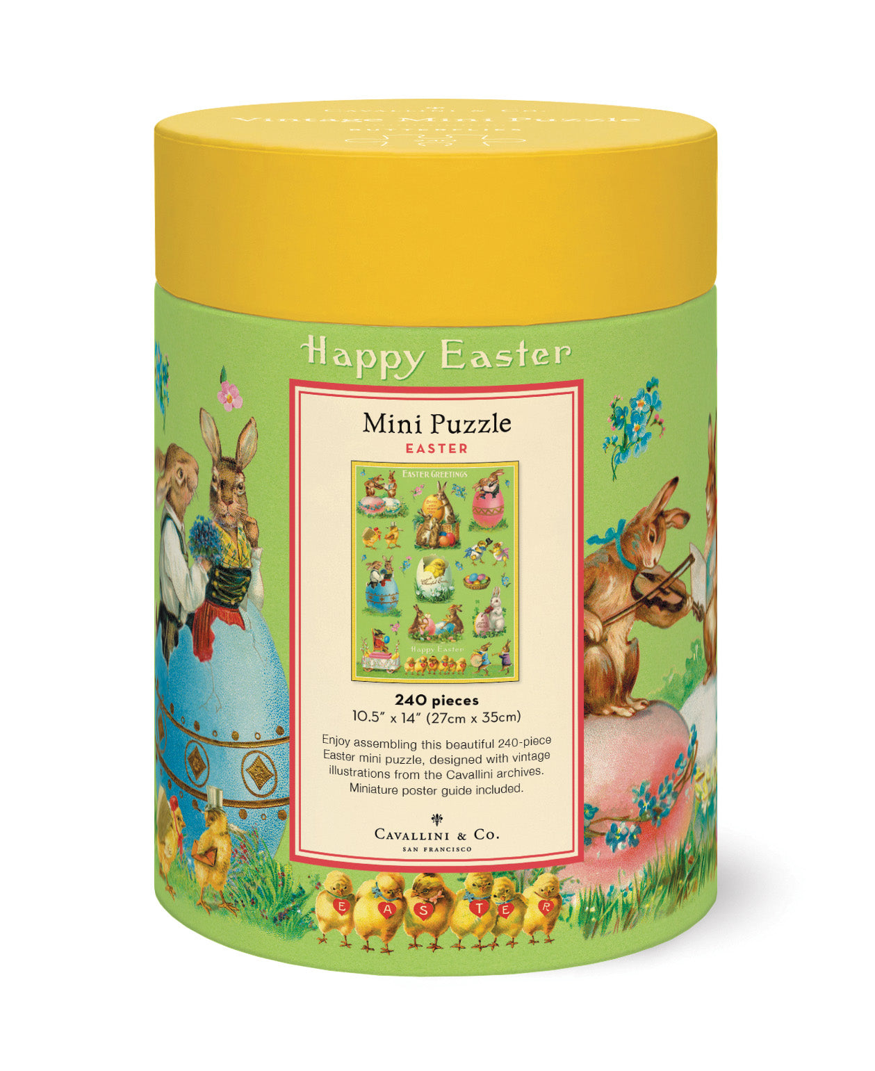 Easter-themed mini puzzle packaging with colorful illustrations on a white background.