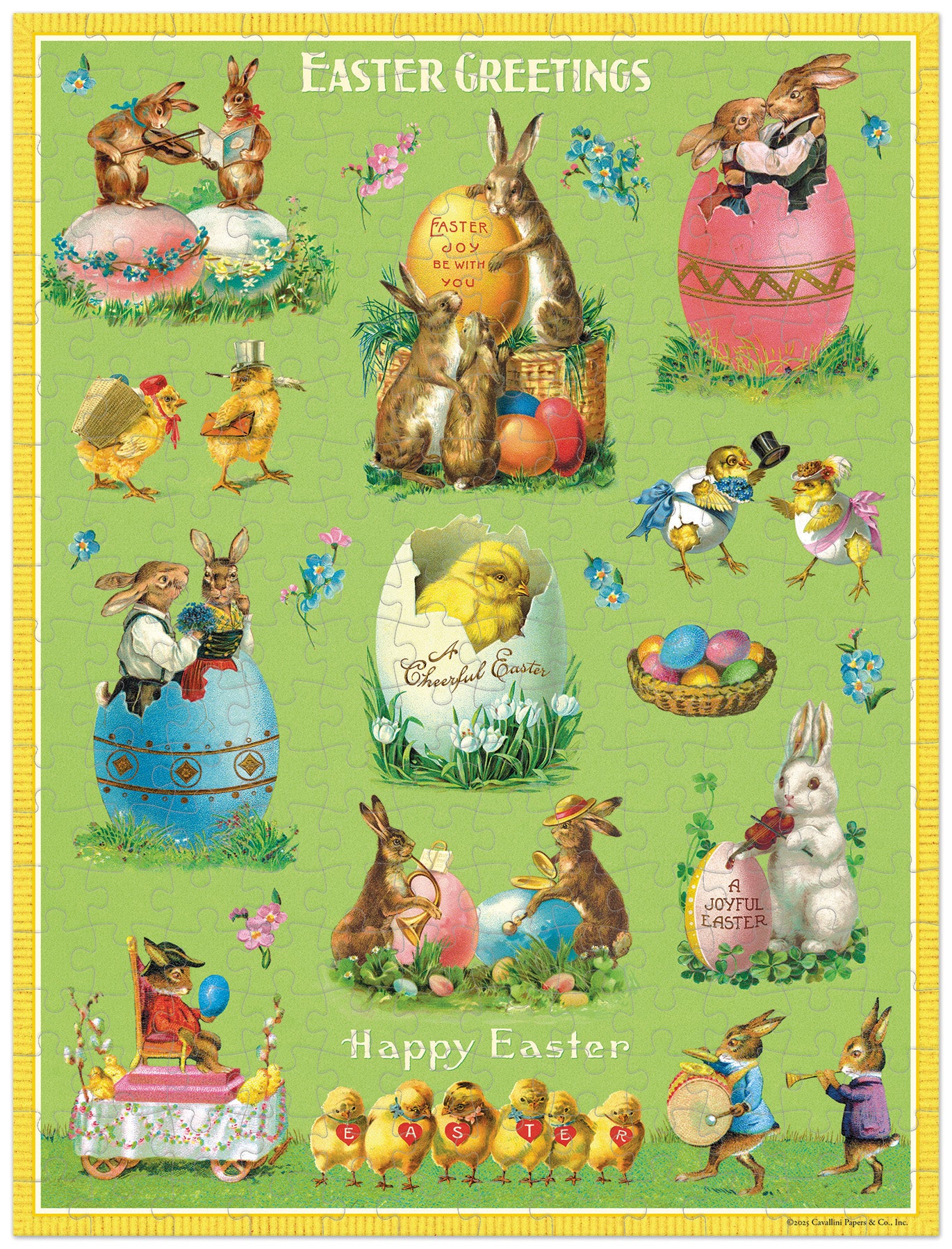 Vintage-style Easter vignette with bunnies, chicks, and eggs on a green background.