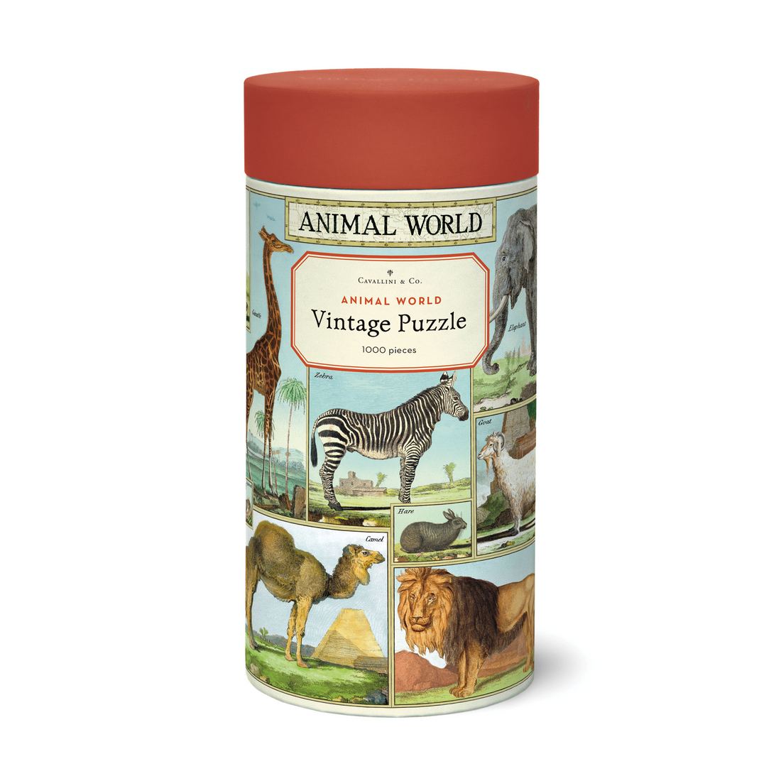 A cylindrical puzzle box with a vintage design, labeled &quot;Cavallini Papers &amp; Co Animal World Puzzle,&quot; featuring illustrated images of various animals.