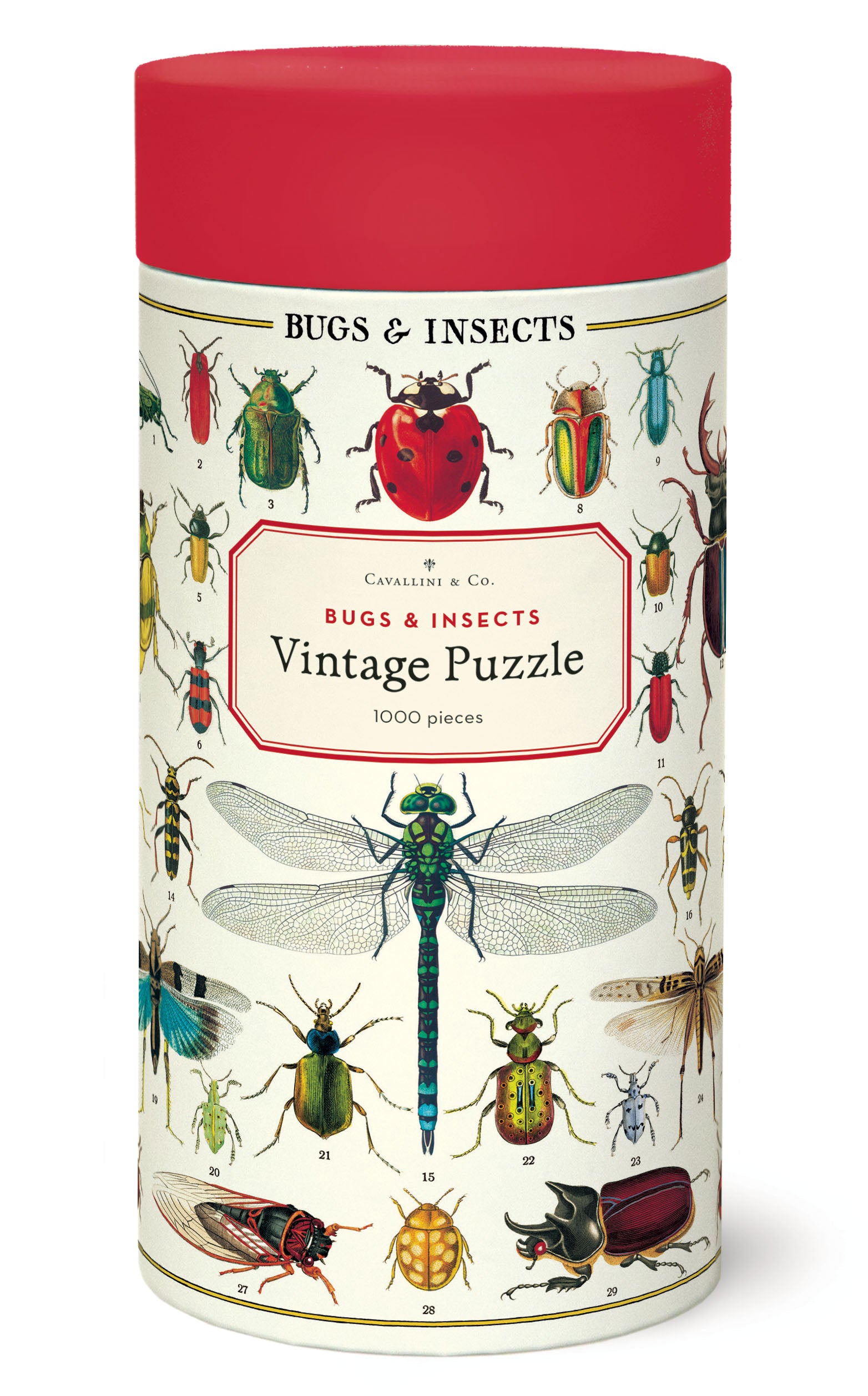 A 1000 piece puzzle with vintage illustrations of various bugs and insects, packaged in a cylindrical cardboard container with a red lid.