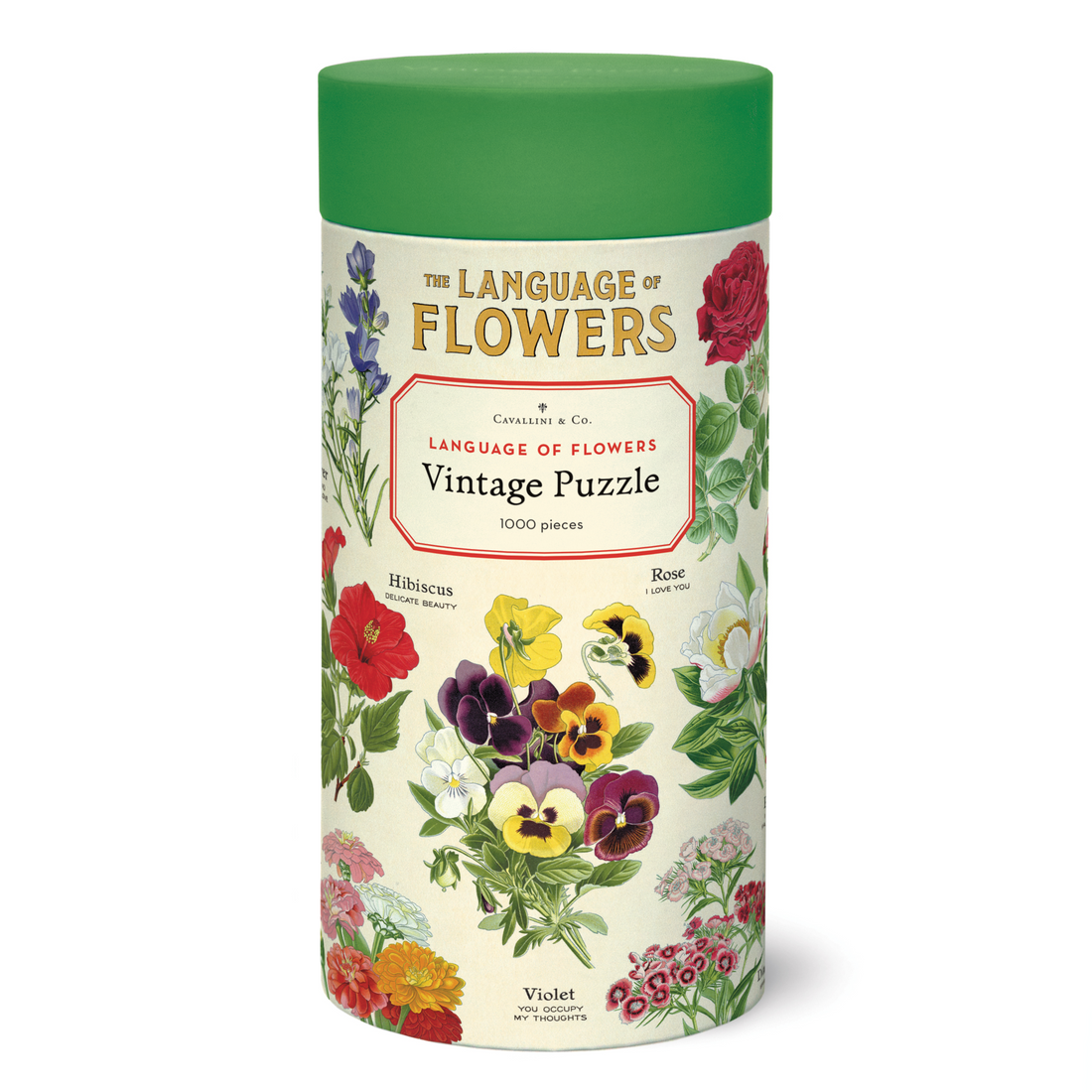 Vintage floral puzzle titled &quot;Language of Flowers Puzzle&quot; with 1000 pieces, featuring imagery from the Cavallini archives.