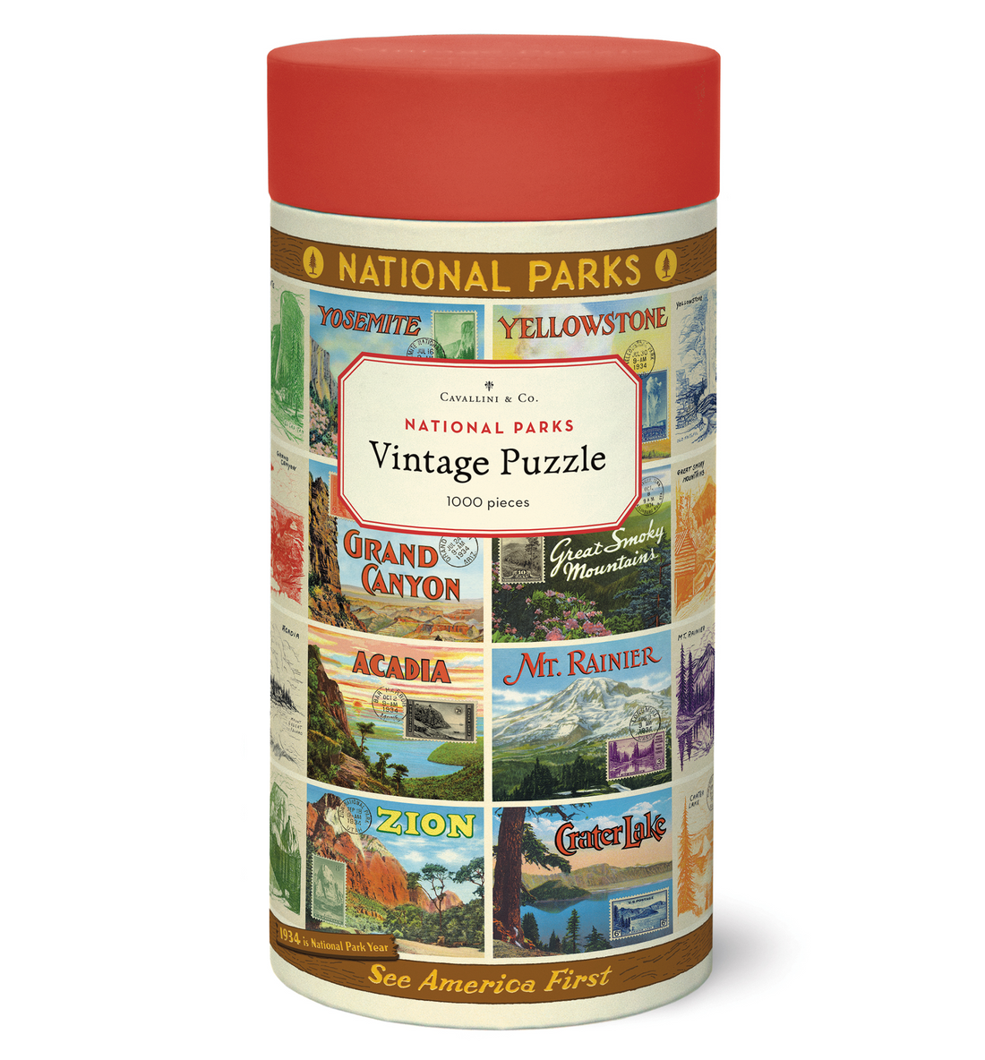 A 1000-piece National Parks 2 Puzzle featuring vintage imagery of U.S. national parks, packaged in a cylindrical container by Cavallini Papers &amp; Co.