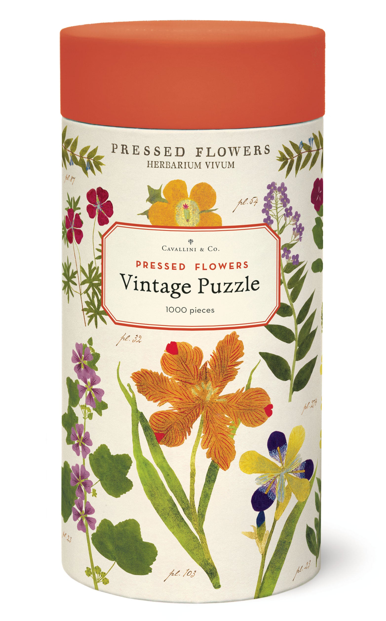 Cylindrical puzzle box with floral design and orange lid.