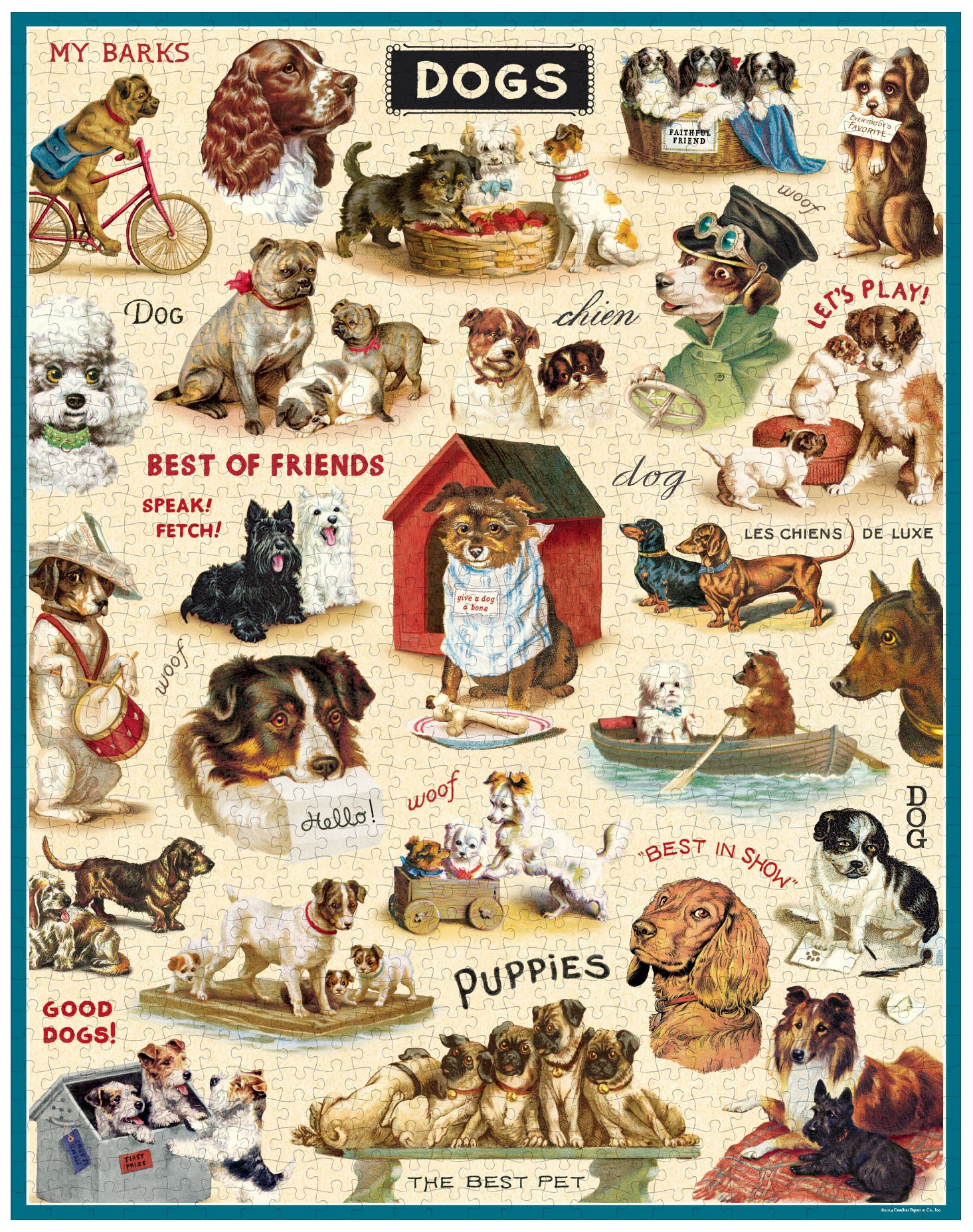 Vintage Dogs 1,000 piece puzzle assembled showing illustrations of whimsical dogs from the Cavallini archives.