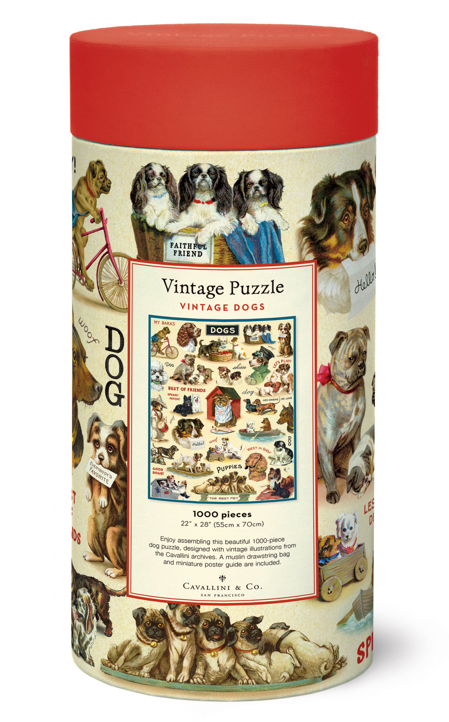 The back of the Vintage Dogs Puzzle box showing the assembled puzzle and additional puzzle information.
