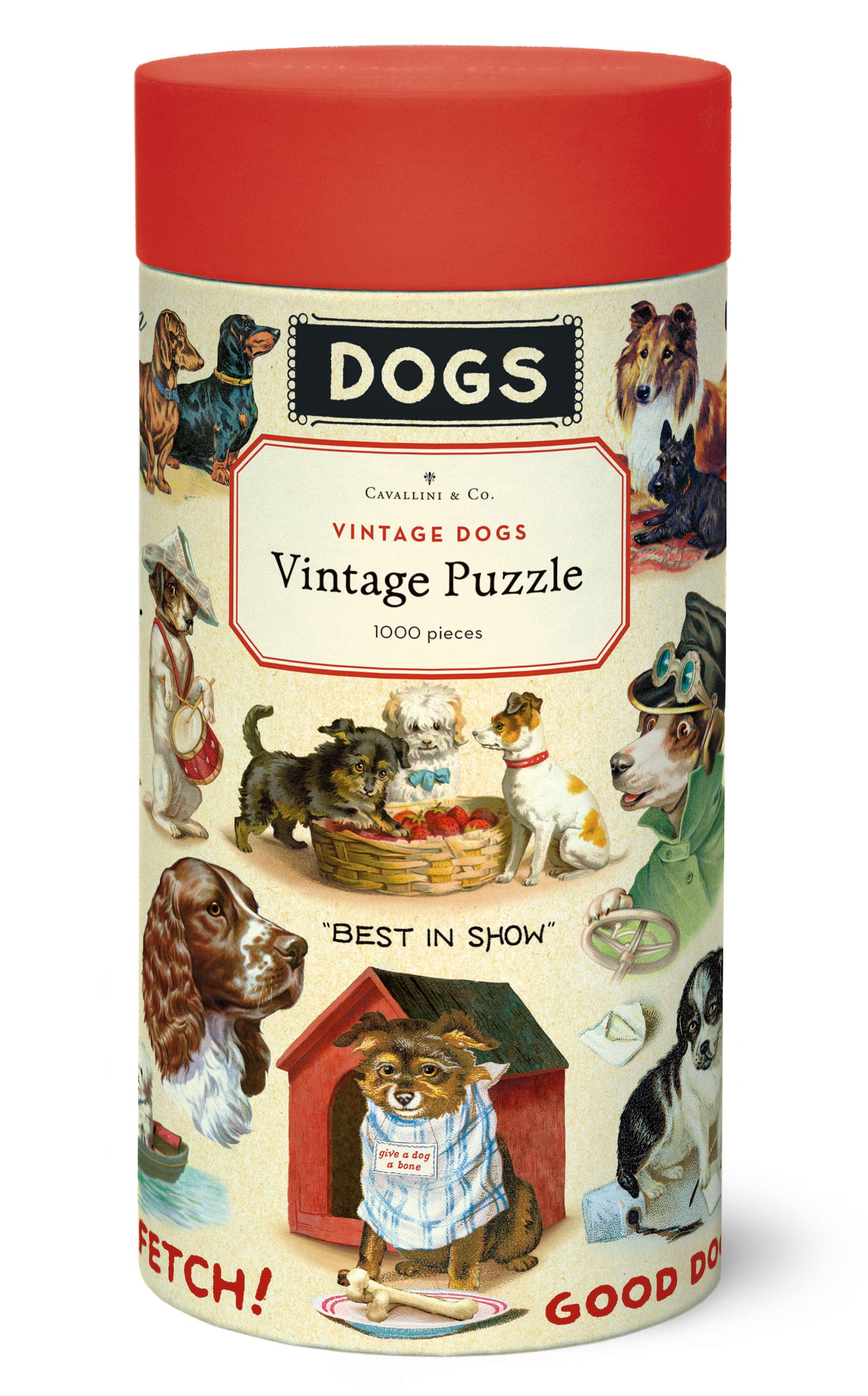Vintage Dogs Puzzle by Cavallini in a cylinder tube with illustrations of whimsical dogs and a red top.