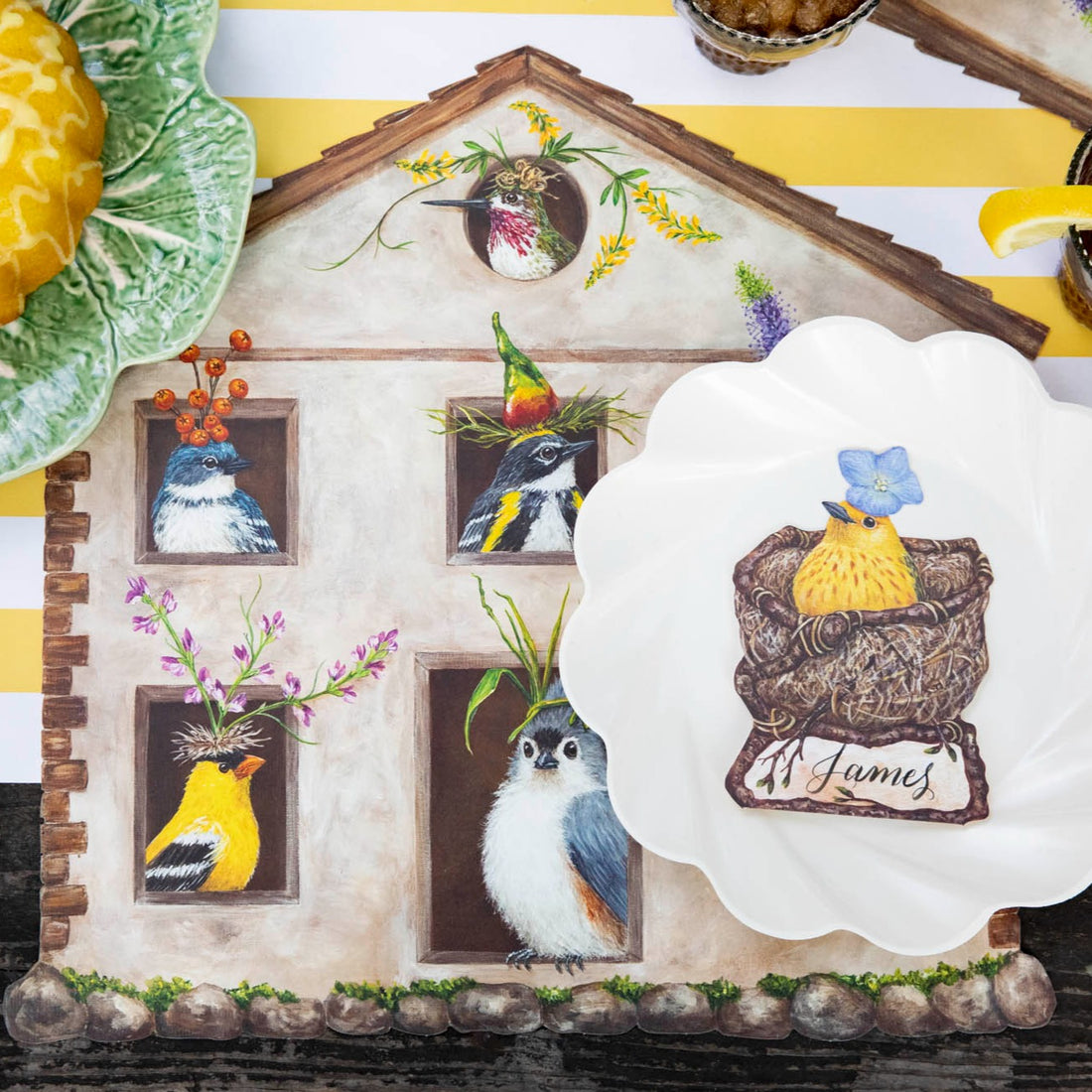 The Die-cut House Party Placemat under an elegant springtime place setting, from above.