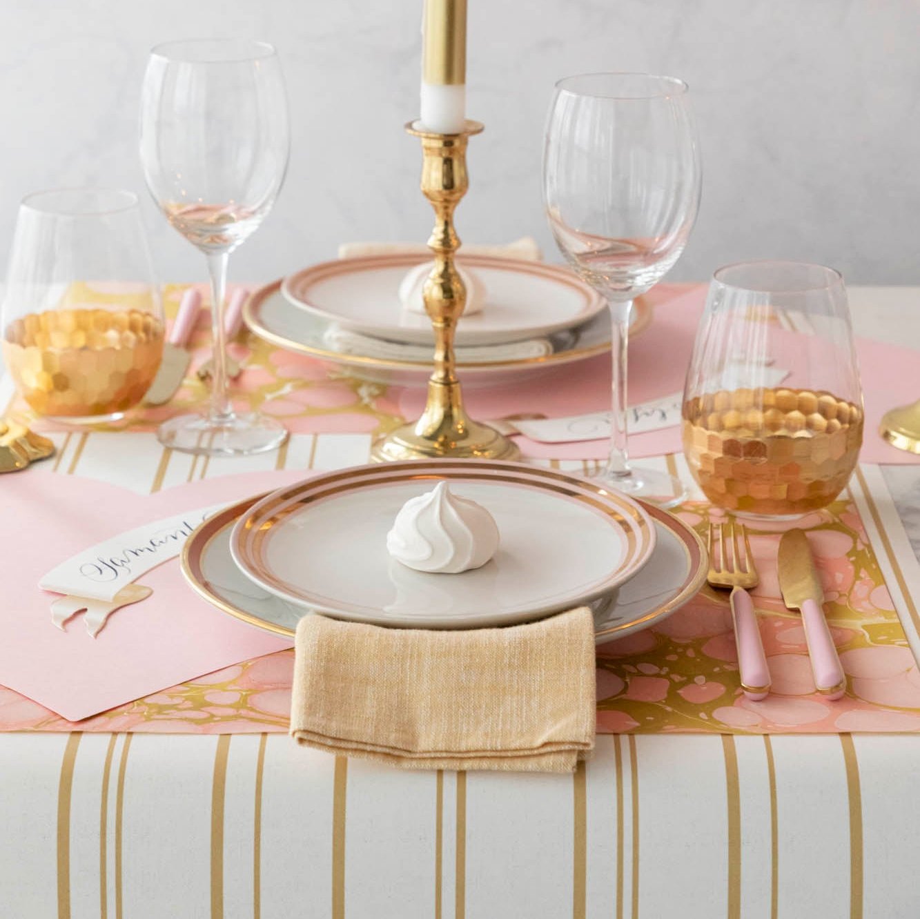 Antique Gold Stripe Runner under an elegant table setting with the Pink Heart and Gold & Pink Marble Placemat.
