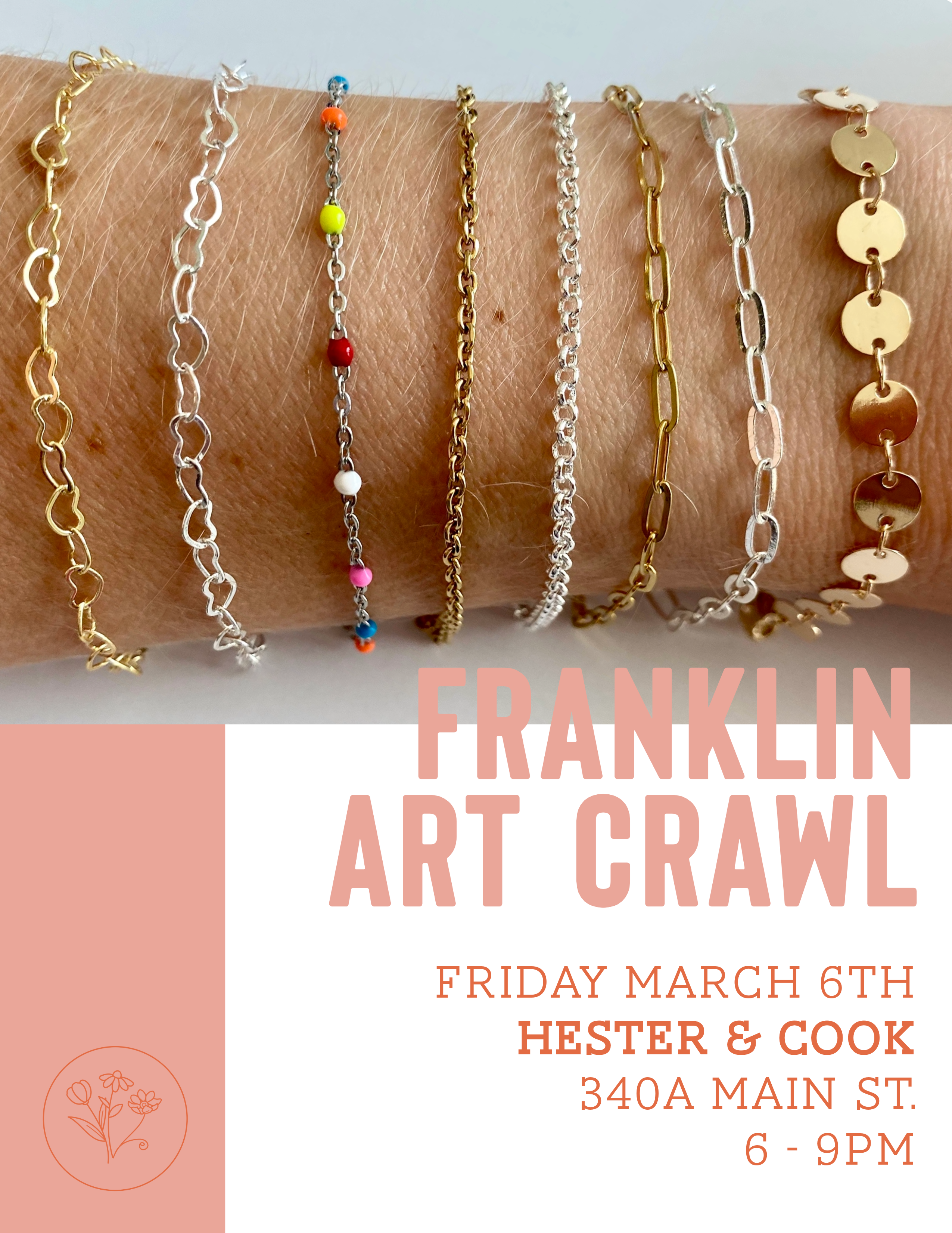 Jewelry displayed on an arm with event information for Franklin Art Crawl.