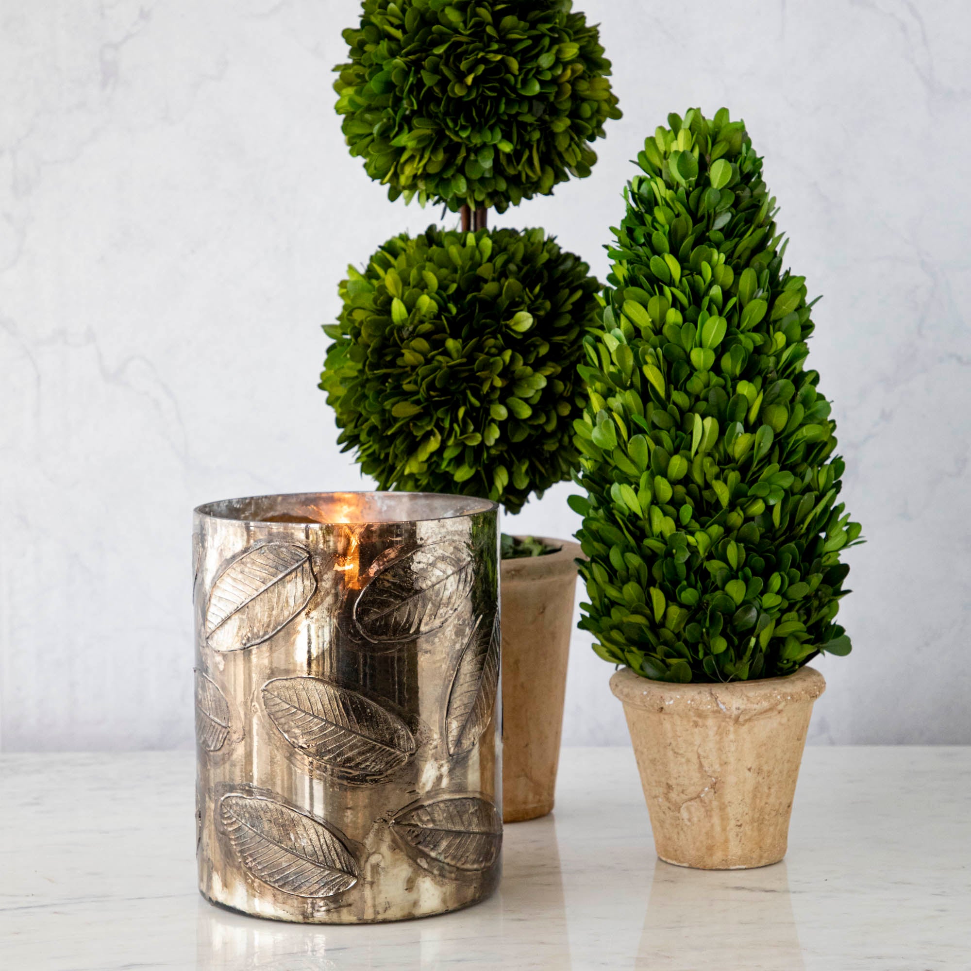 Embossed Mercury Glass Candle Holder with Leaves