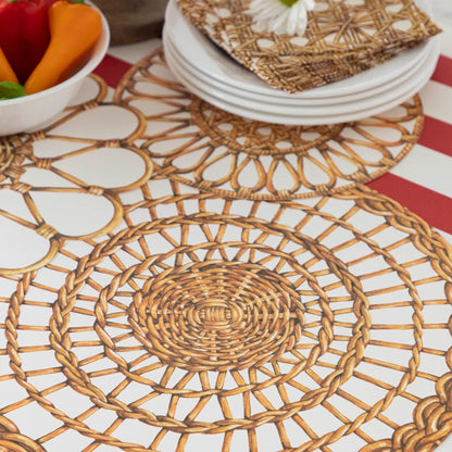 A vintage-inspired table adorned with Hester &amp; Cook Rattan Weave Serving Papers.