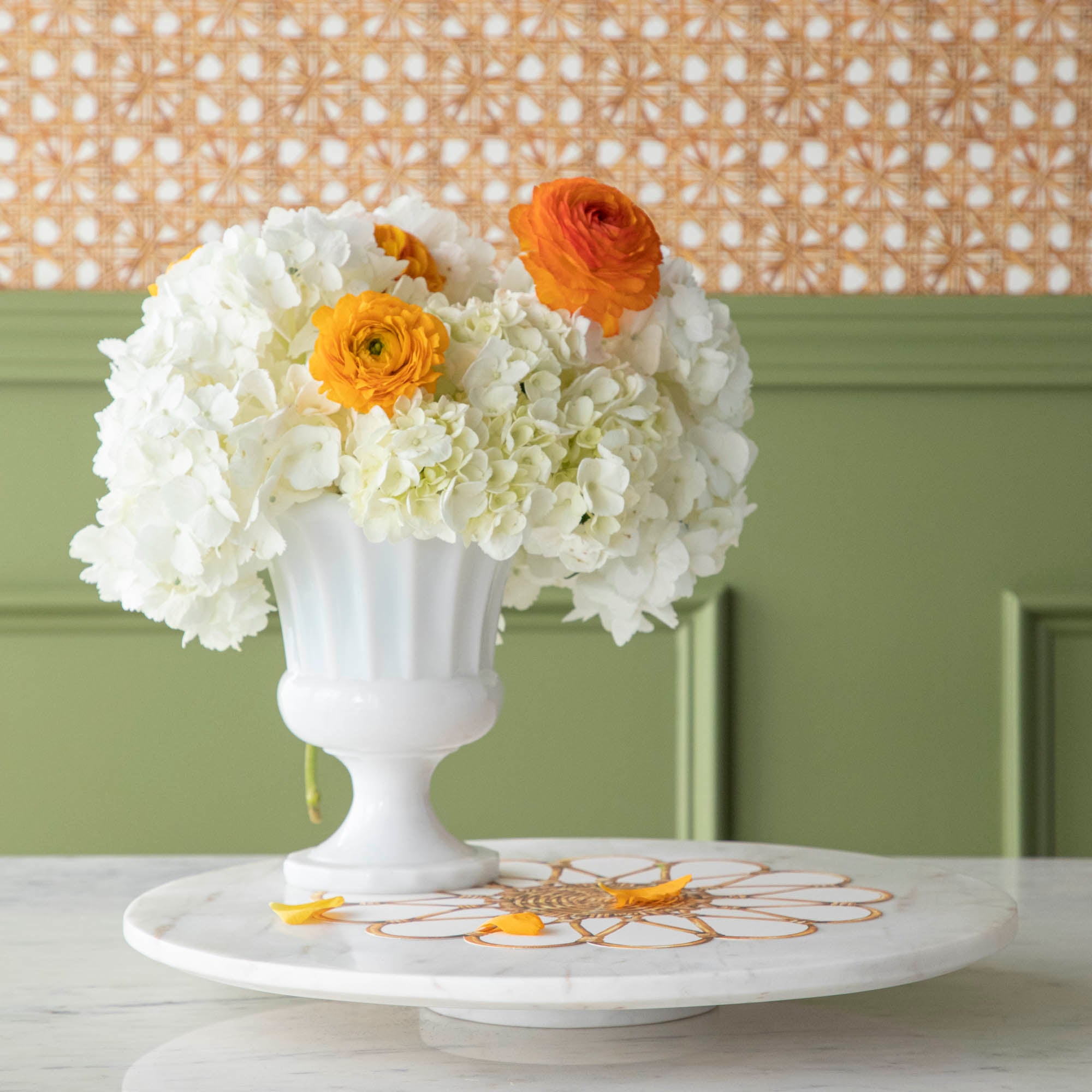 A White Marble Lazy Susan, 15" Diameter with strawberries on it, perfect for your appetizer display.