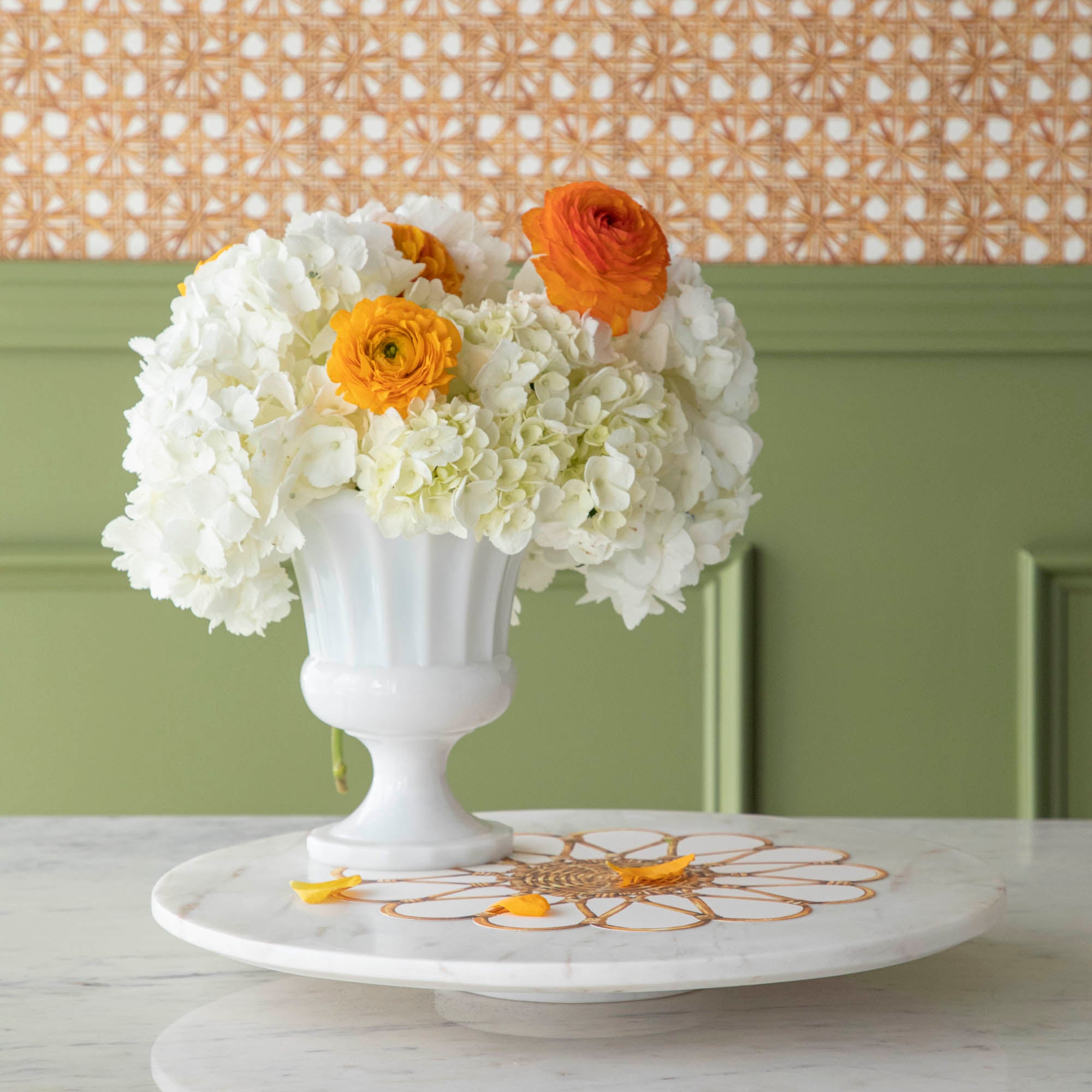 A White Marble Lazy Susan, 15" Diameter with strawberries on it, perfect for your appetizer display.