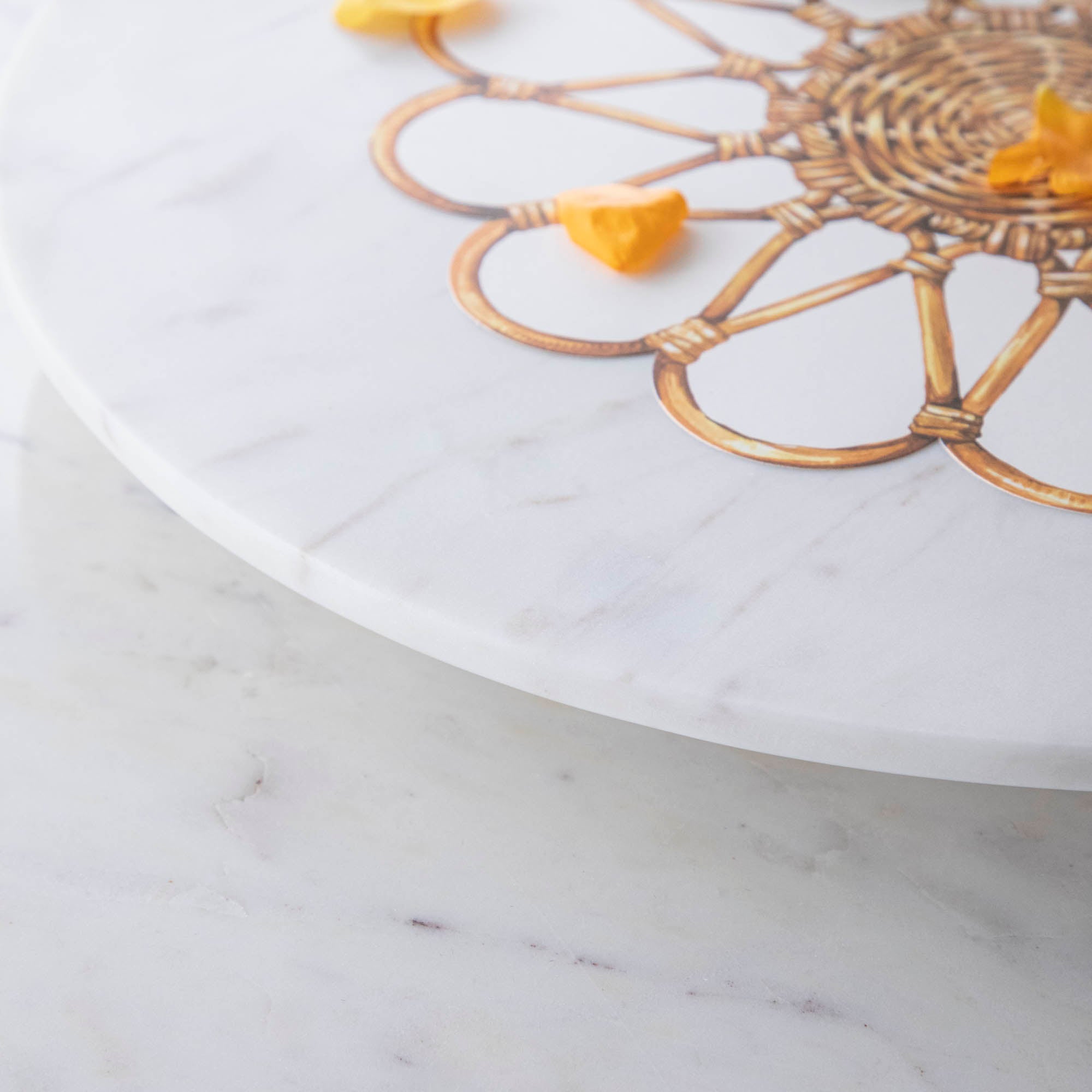 A White Marble Lazy Susan, 15" Diameter with strawberries on it, perfect for your appetizer display.