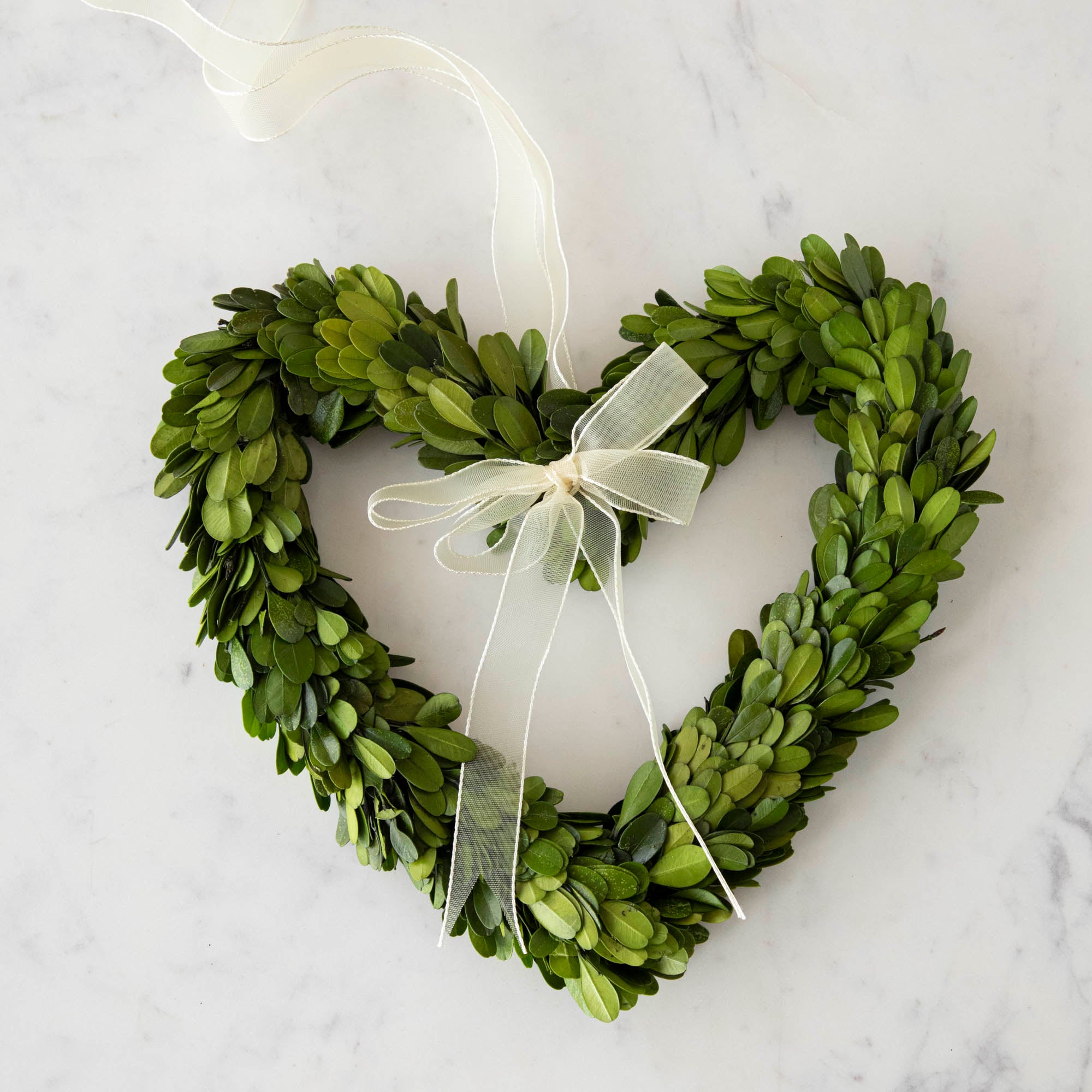 Three heart-shaped preserved Boxwood Wreath Hearts with Ribbons by Mills Floral Company on a white background.