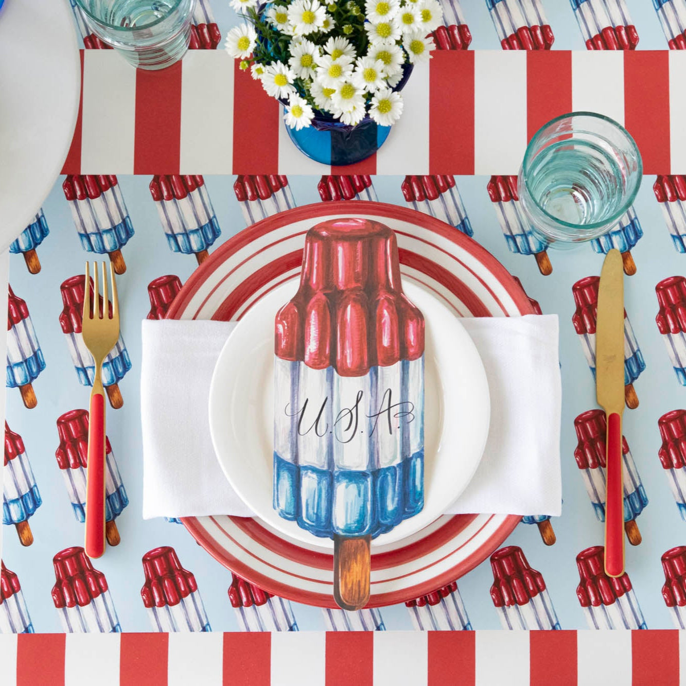Red Classic Stripe Placemat under a patriotic themed table setting.