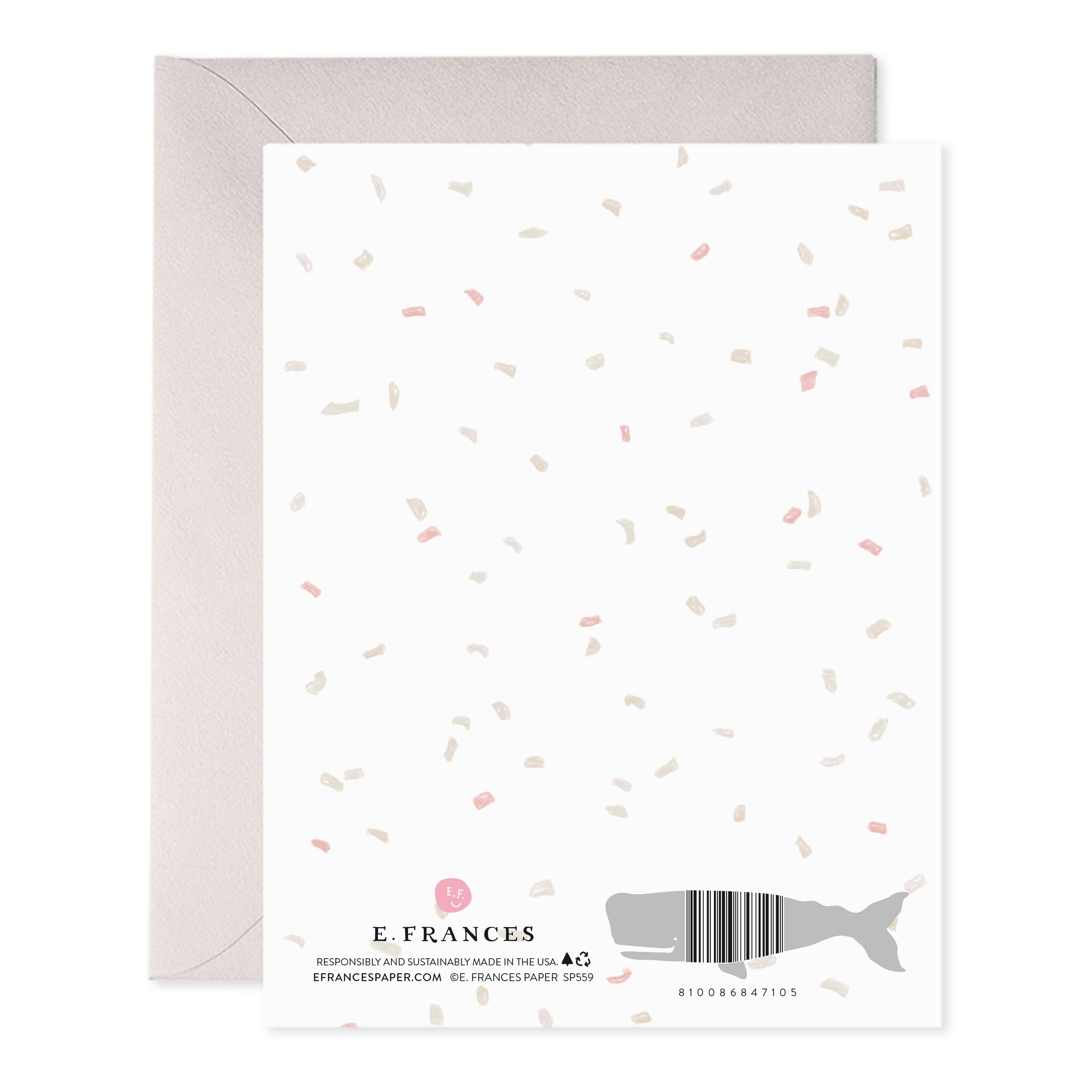 Back of the Frosted Wedding Card featuring a confetti design and E.Frances branding with a gray envelope.