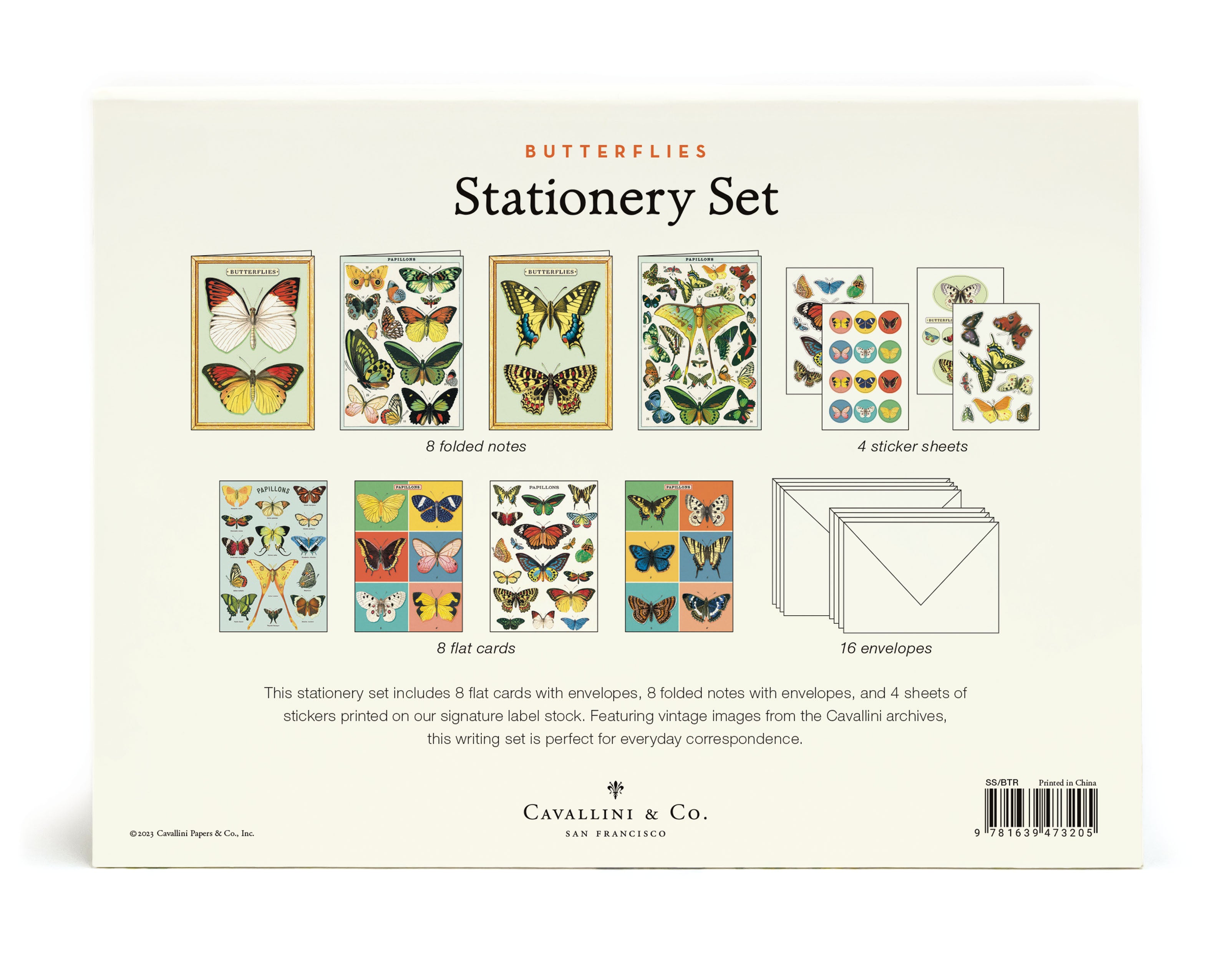 A Cavallini Papers & Co Butterflies Stationery Set, inspired by the Archives, includes cards, folded notes, envelopes, and stickers with a butterfly theme.