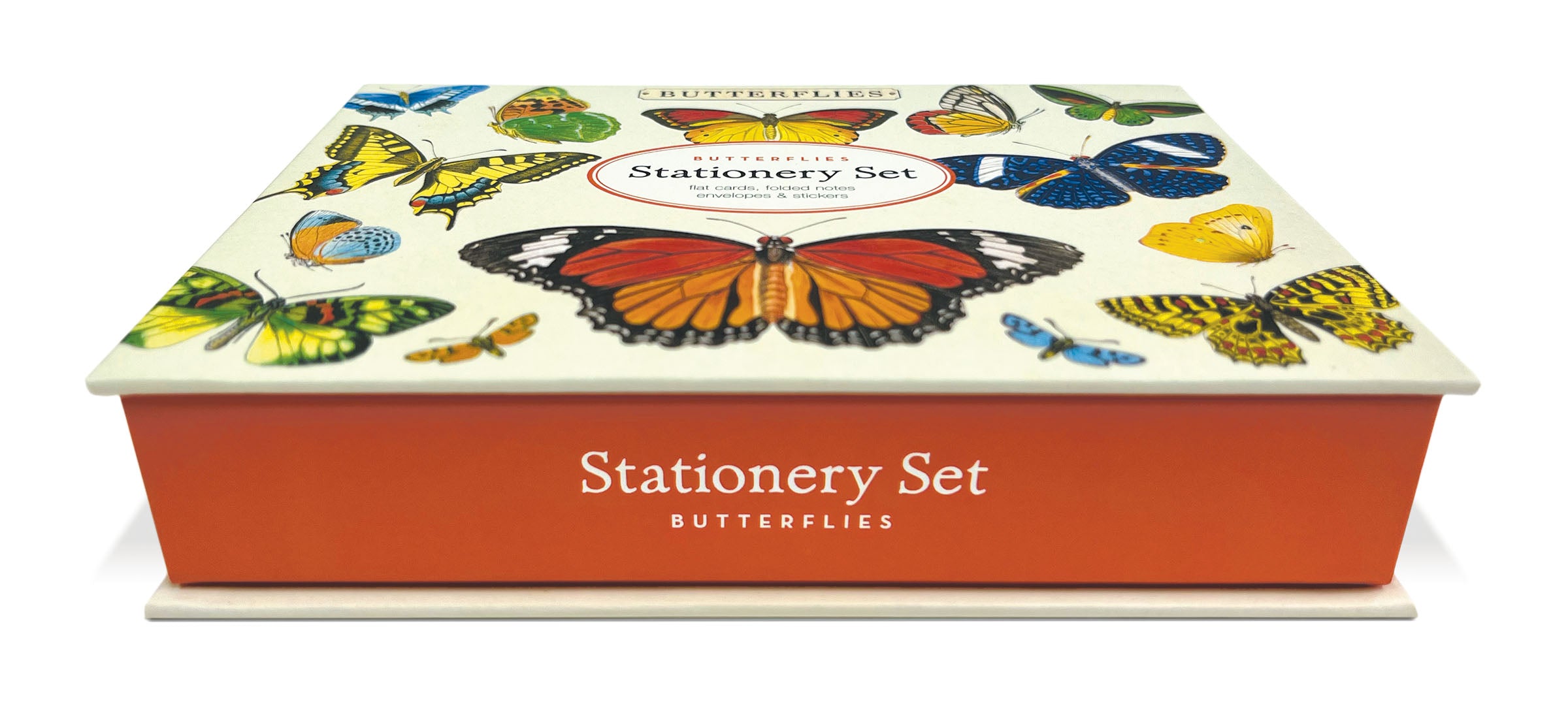 A Cavallini Papers & Co Butterflies Stationery Set, inspired by the Archives, includes cards, folded notes, envelopes, and stickers with a butterfly theme.