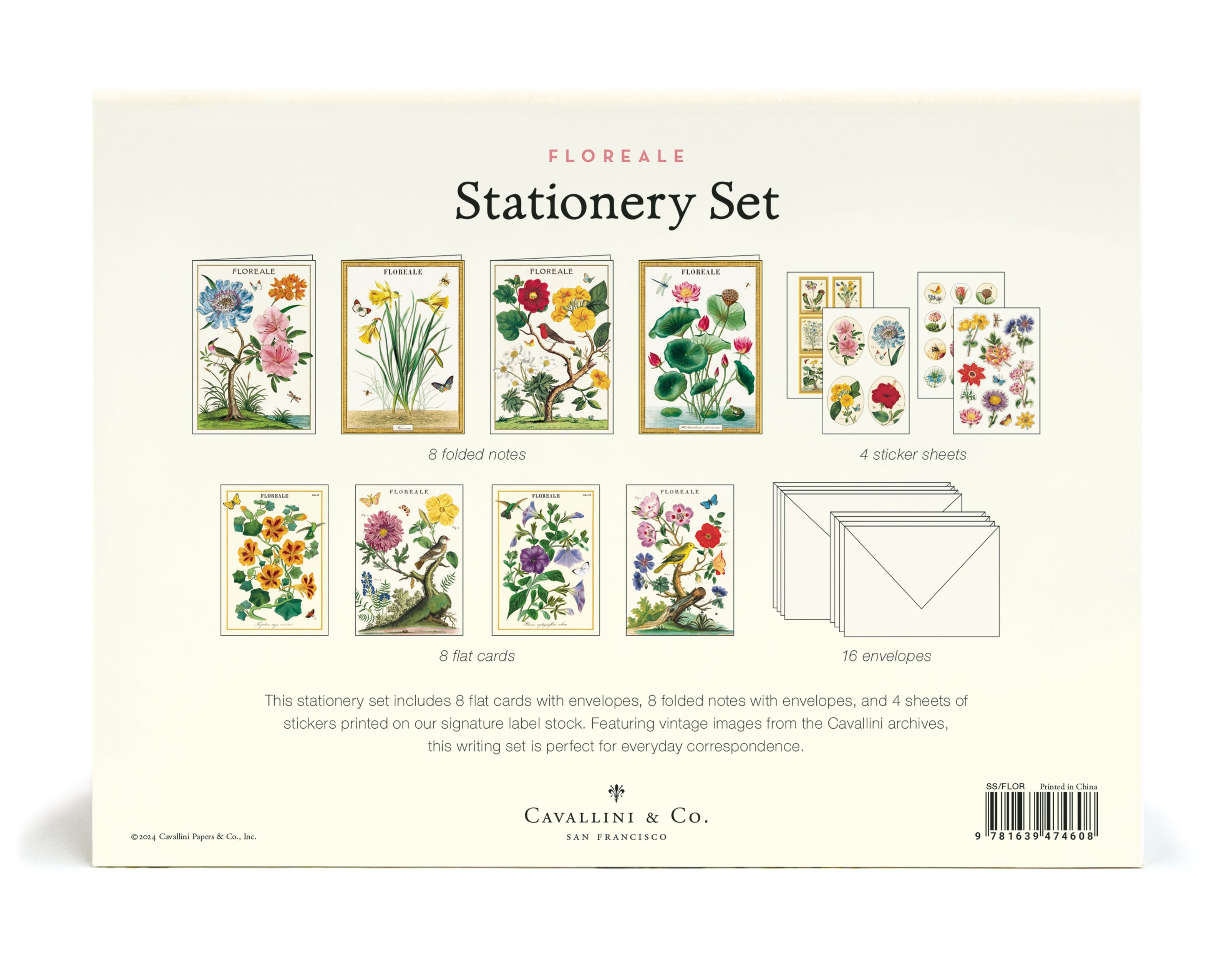 The back of the Floreale Stationery Set showing the flat cards, folded notes, sticker sheets and envelopes.