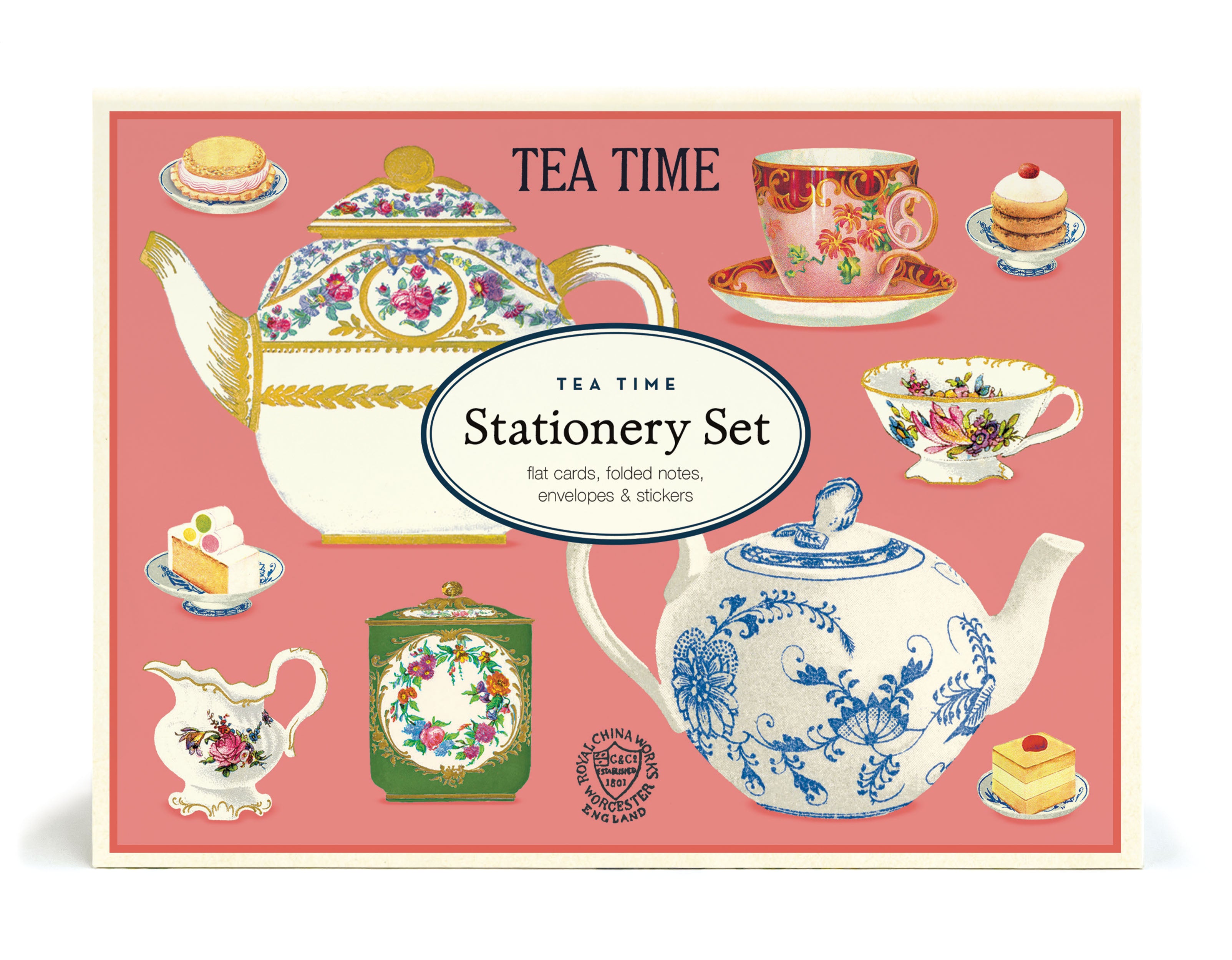 Tea time stationery set packaging with teapots and tea-related items on a pink background.