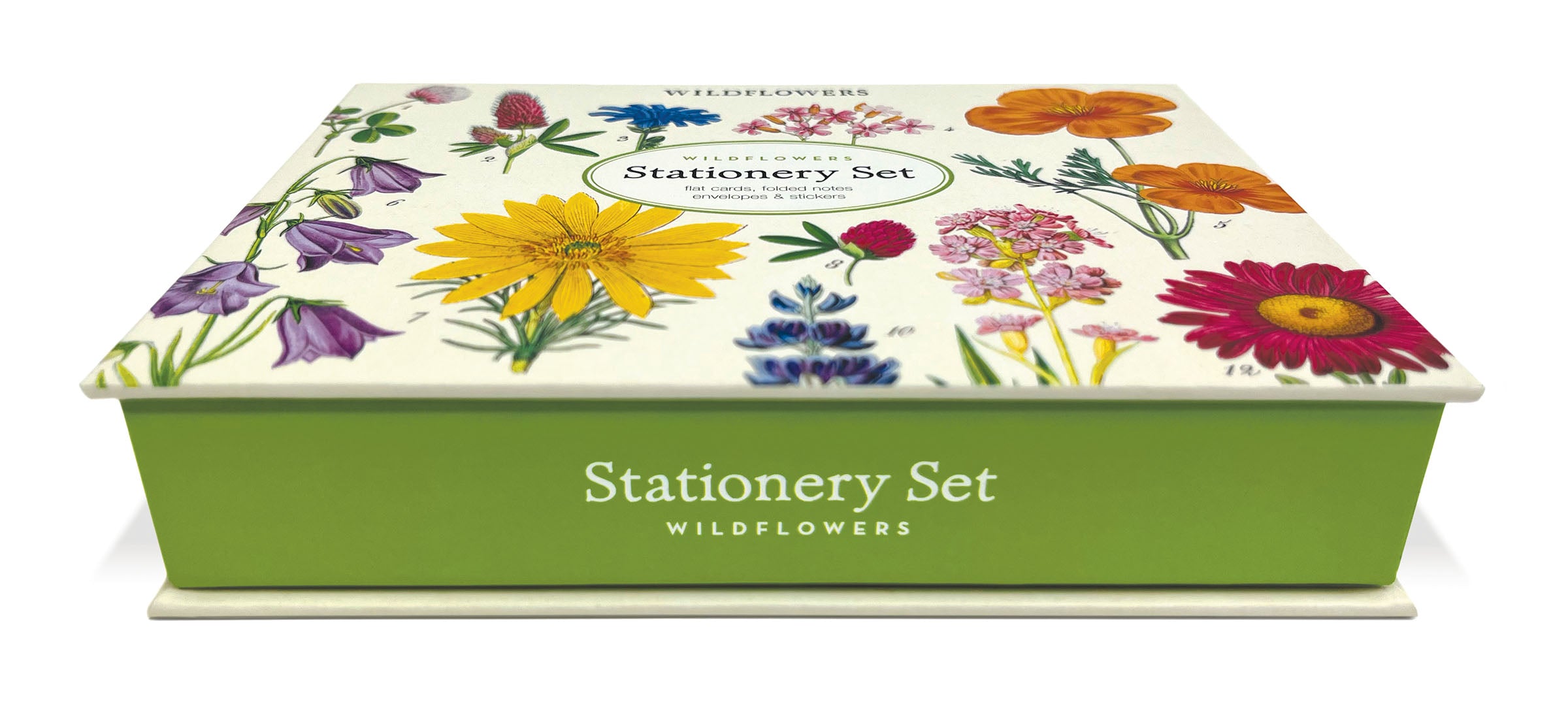 A Cavallini Papers & Co Wildflowers Stationery Set featuring correspondence cards with illustrations of various colorful wildflowers.