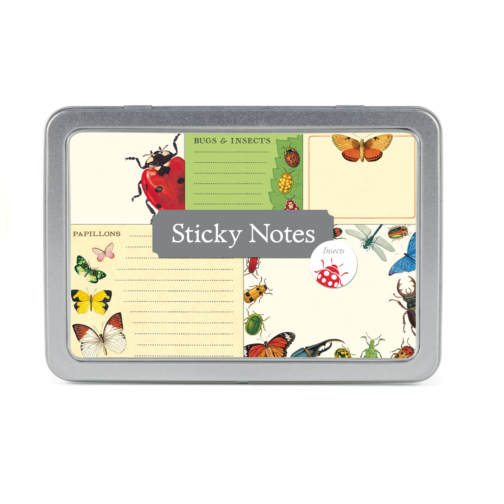 A Cavallini Papers & Co tin with ladybugs and butterflies on it, filled with Bugs & Insects Sticky Notes.