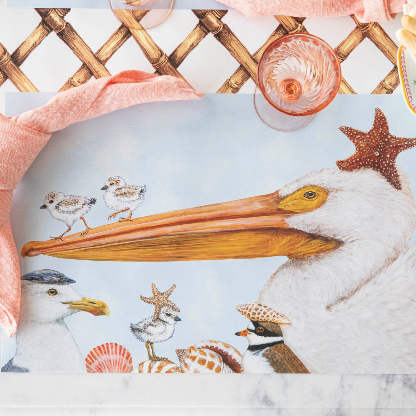 Shorebirds Placemat on the Bamboo Lattice Runner.