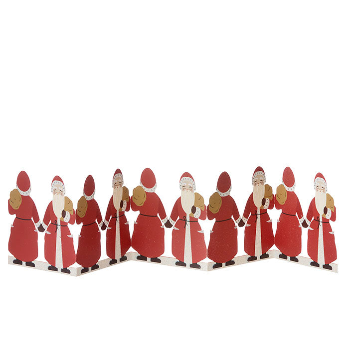 Row of Santa Claus figures holding gold presents on a white background.