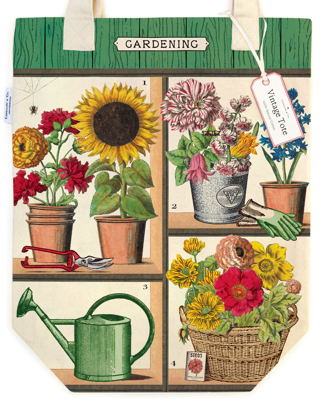 A Gardening Tote Bag adorned with delicate flowers and charming pots, perfect for gardening enthusiasts. (Brand Name: Cavallini Papers &amp; Co)